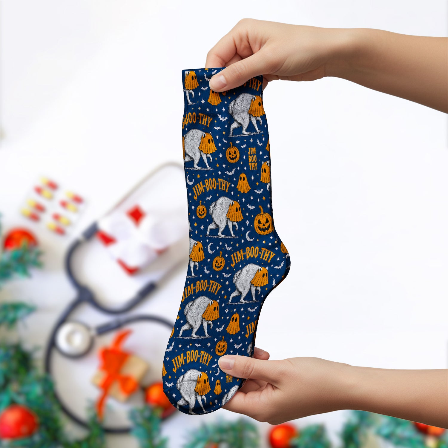 Funny Halloween Ghost Jimothy Pattern Socks, Adult Socks for Men and Women