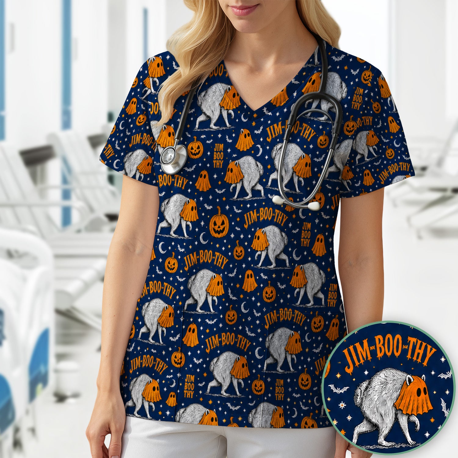Funny Halloween Ghost Jimothy Pattern Scrub Top, Comfortable Scrubs for Nurses