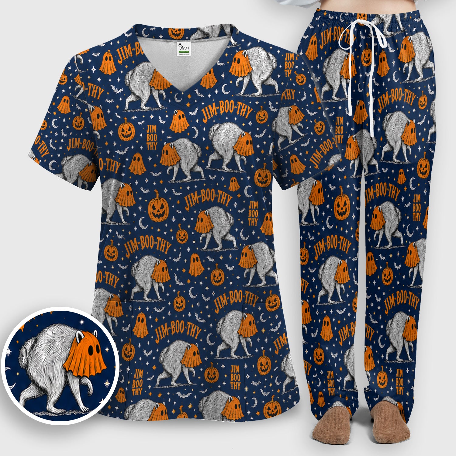 Funny Halloween Ghost Jimothy Pattern Scrub Set, Scrub Pants and V Neck Top