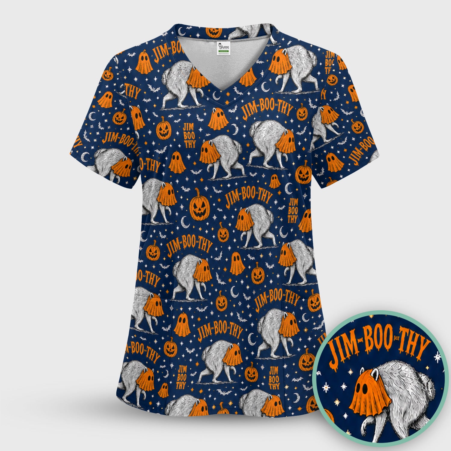 Funny Halloween Ghost Jimothy Pattern Scrub Top, Comfortable Scrubs for Nurses
