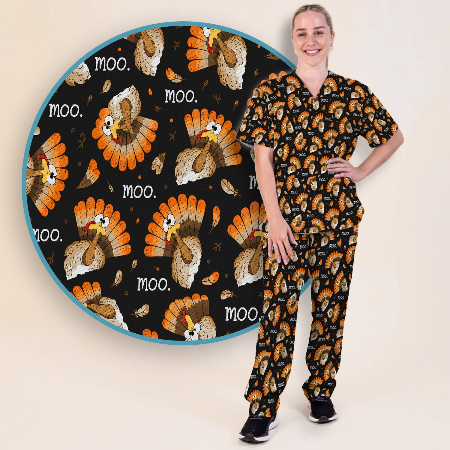 Funny Thanksgiving Moo Turkey Scrub Set, Scrub Pants and V Neck Top