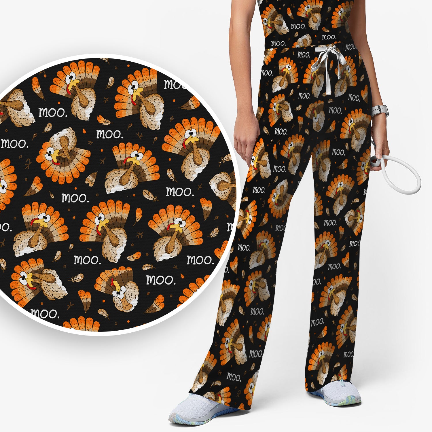 Funny Thanksgiving Moo Turkey Scrub Set, Scrub Pants and V Neck Top