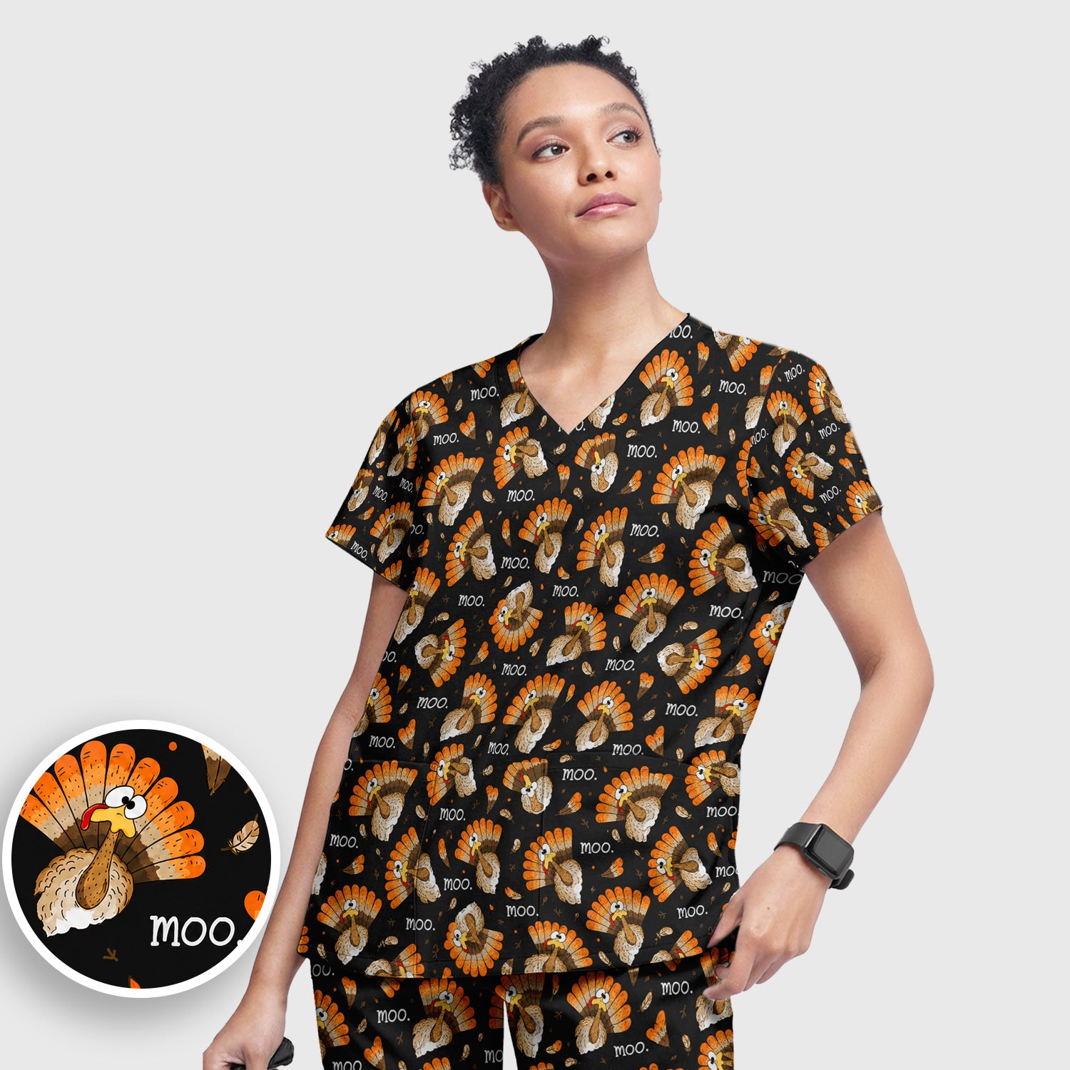 Funny Thanksgiving Moo Turkey Scrub Set, Scrub Pants and V Neck Top