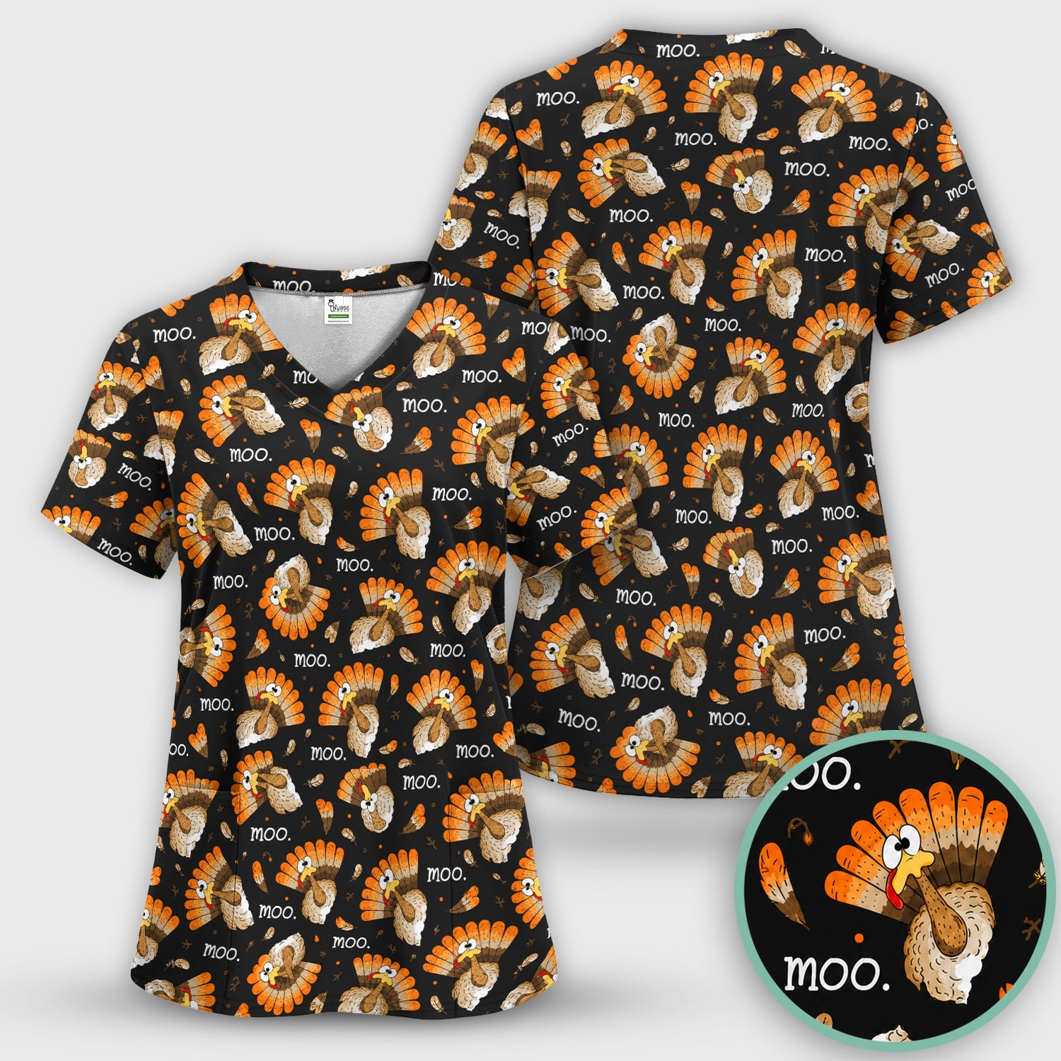 Funny Thanksgiving Moo Turkey Scrub Set, Scrub Pants and V Neck Top