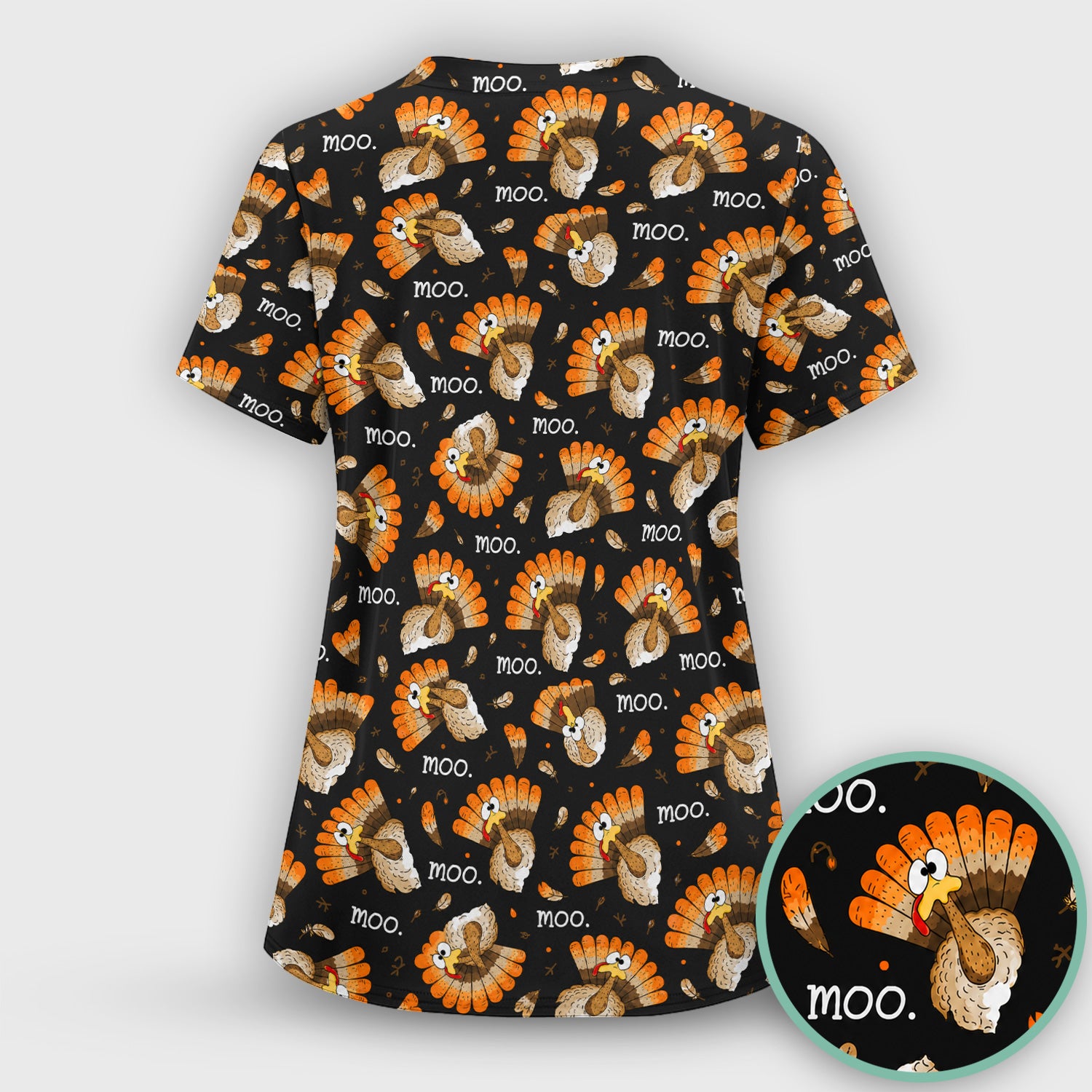 Funny Thanksgiving Moo Turkey Scrub Set, Scrub Pants and V Neck Top
