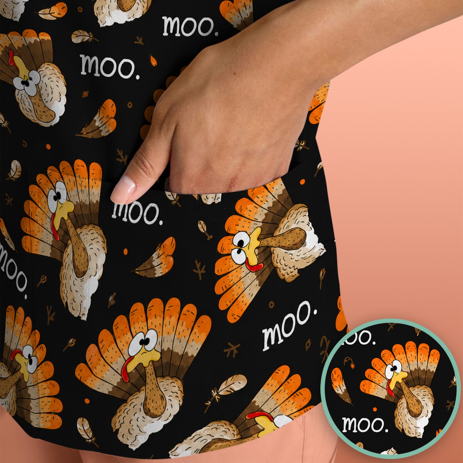 Funny Thanksgiving Moo Turkey Scrub Top, Comfortable Scrubs for Nurses