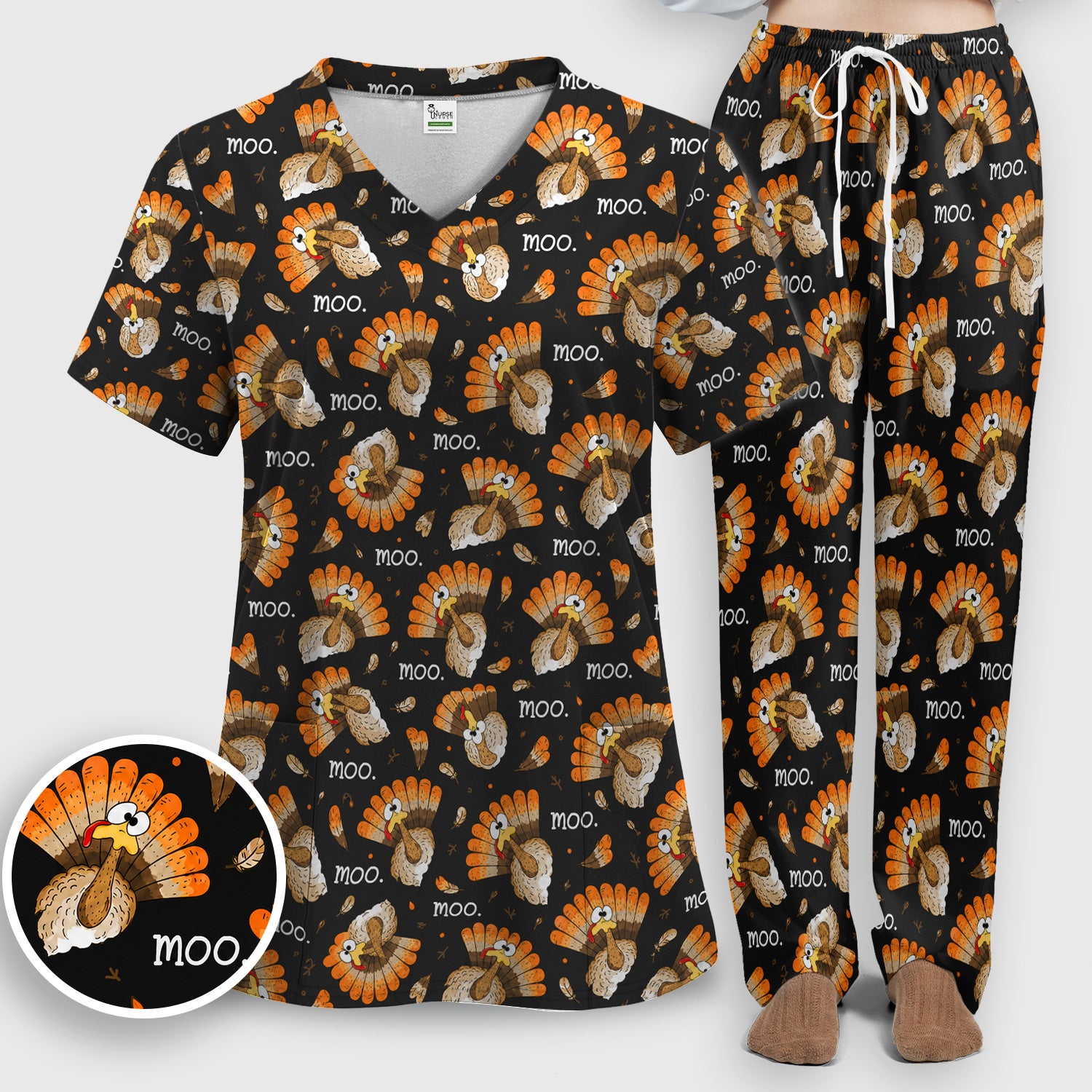 Funny Thanksgiving Moo Turkey Scrub Set, Scrub Pants and V Neck Top