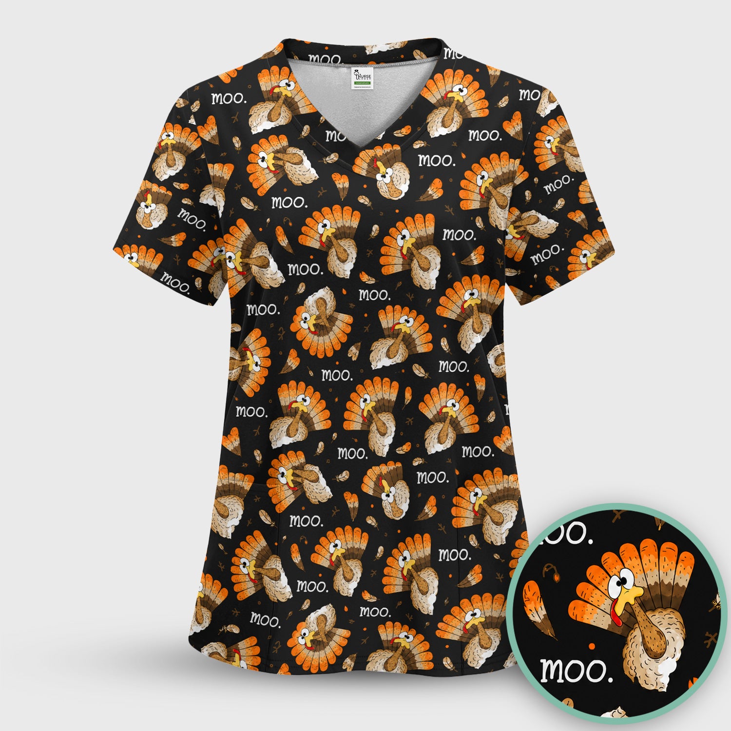 Funny Thanksgiving Moo Turkey Scrub Set, Scrub Pants and V Neck Top