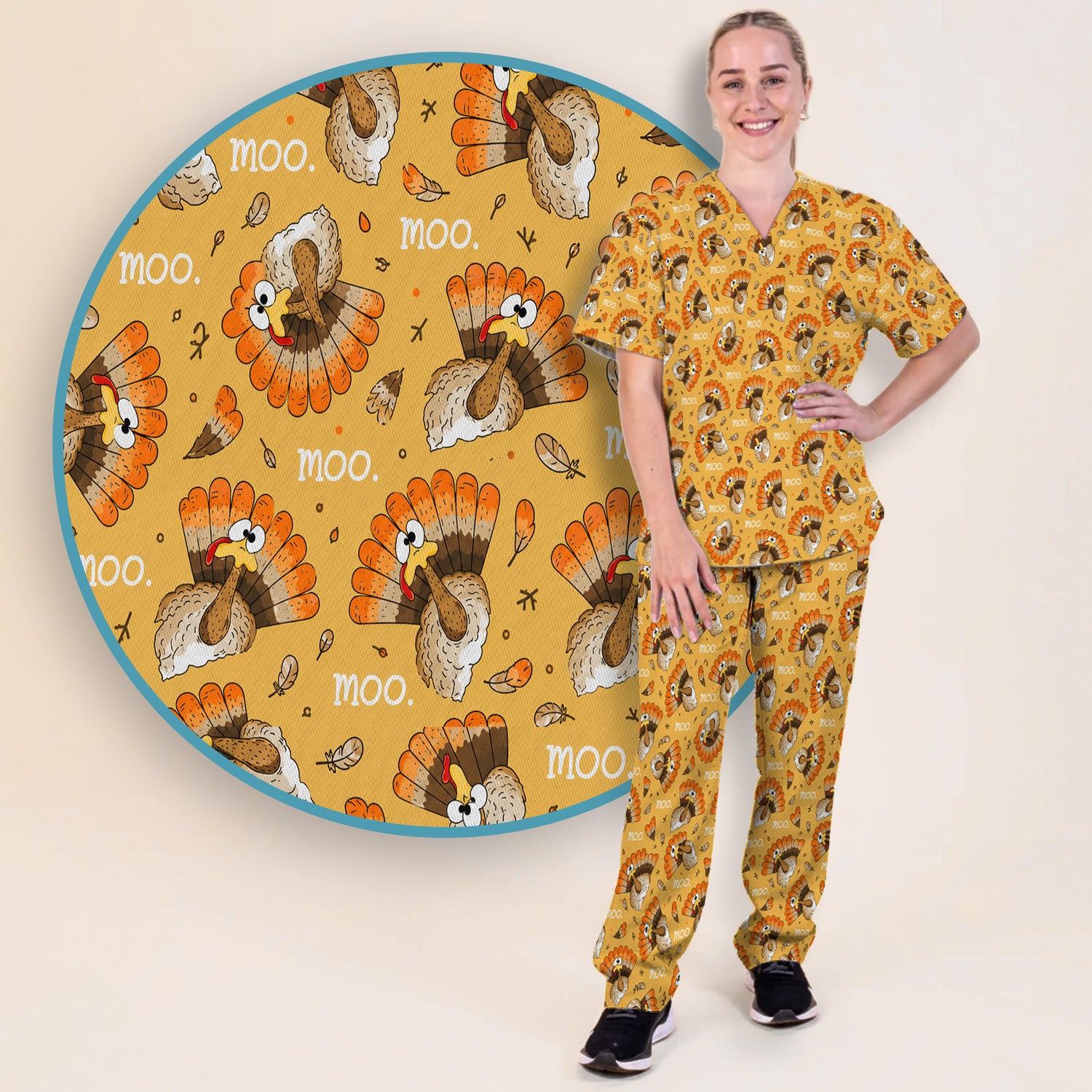 Funny Thanksgiving Moo Turkey Scrub Set, Scrub Pants and V Neck Top