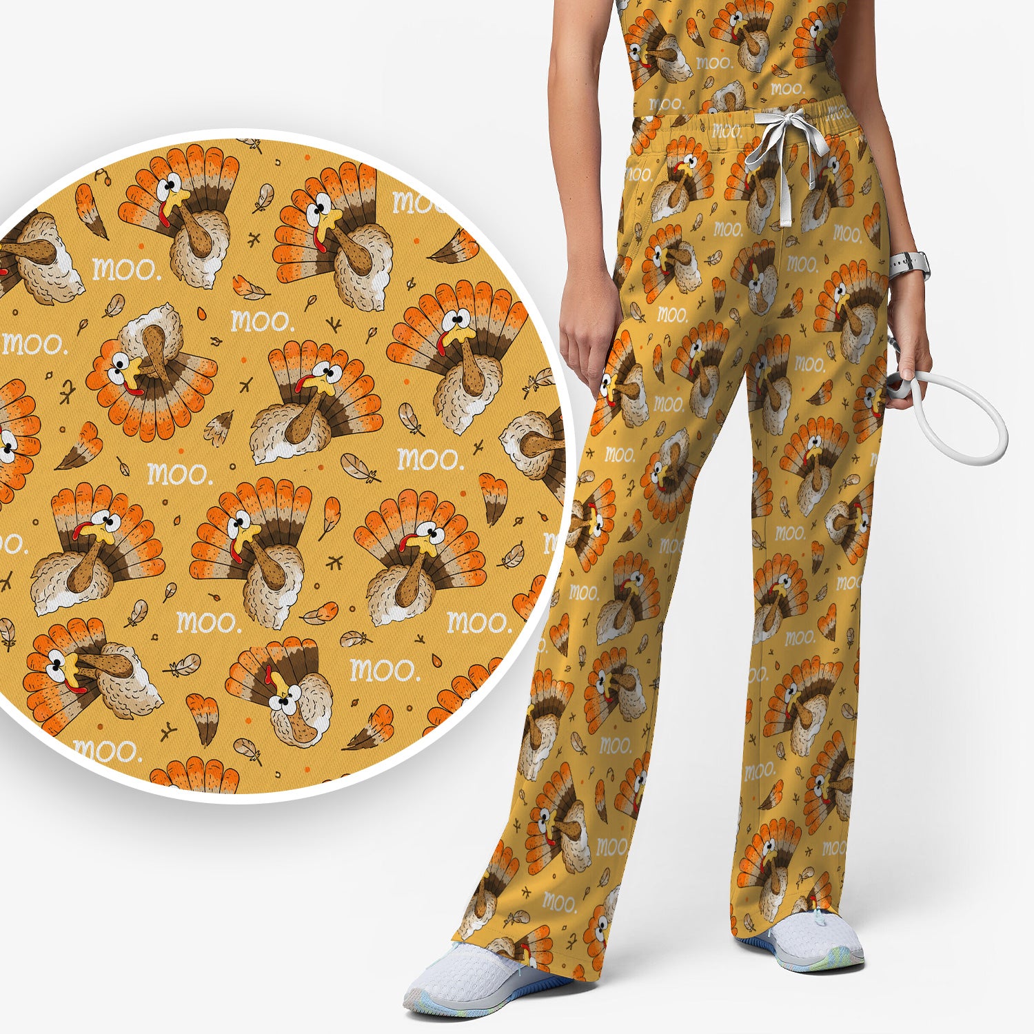 Funny Thanksgiving Moo Turkey Scrub Set, Scrub Pants and V Neck Top