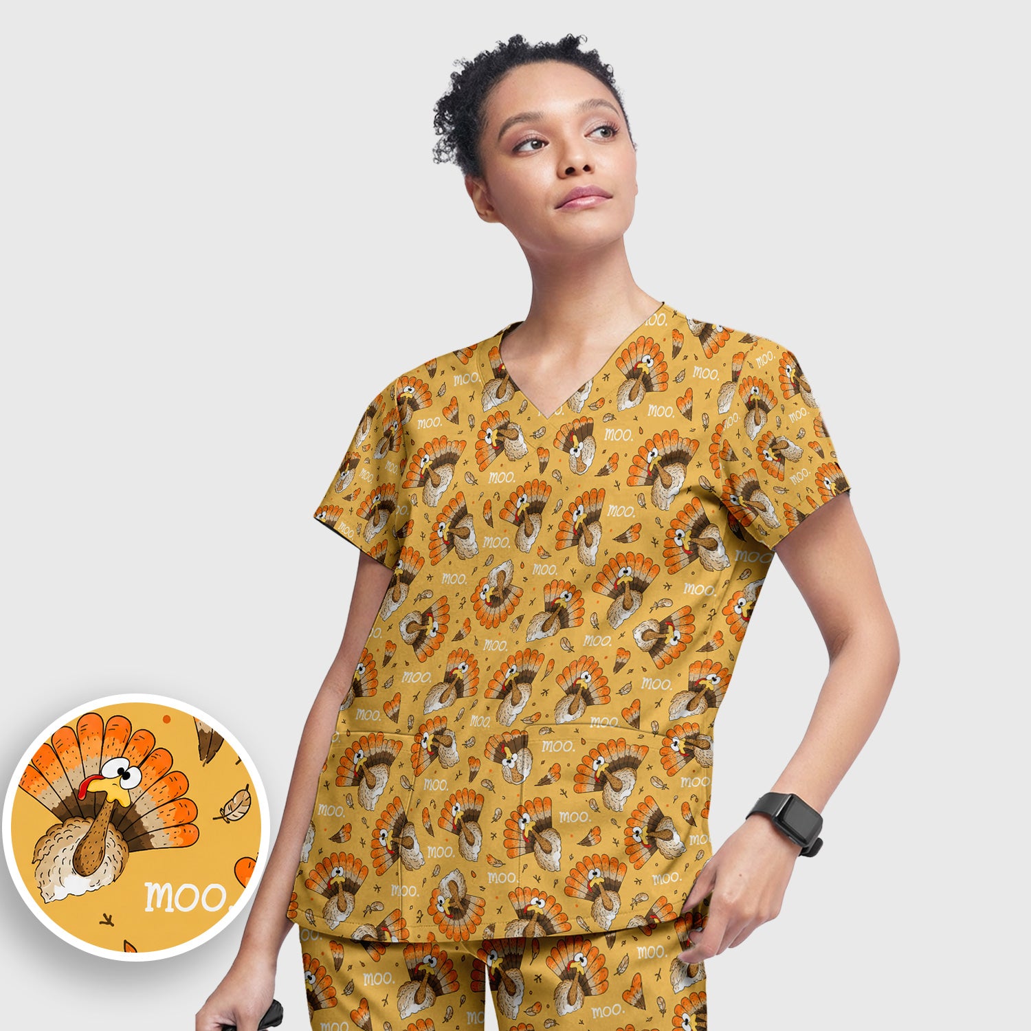Funny Thanksgiving Moo Turkey Scrub Set, Scrub Pants and V Neck Top