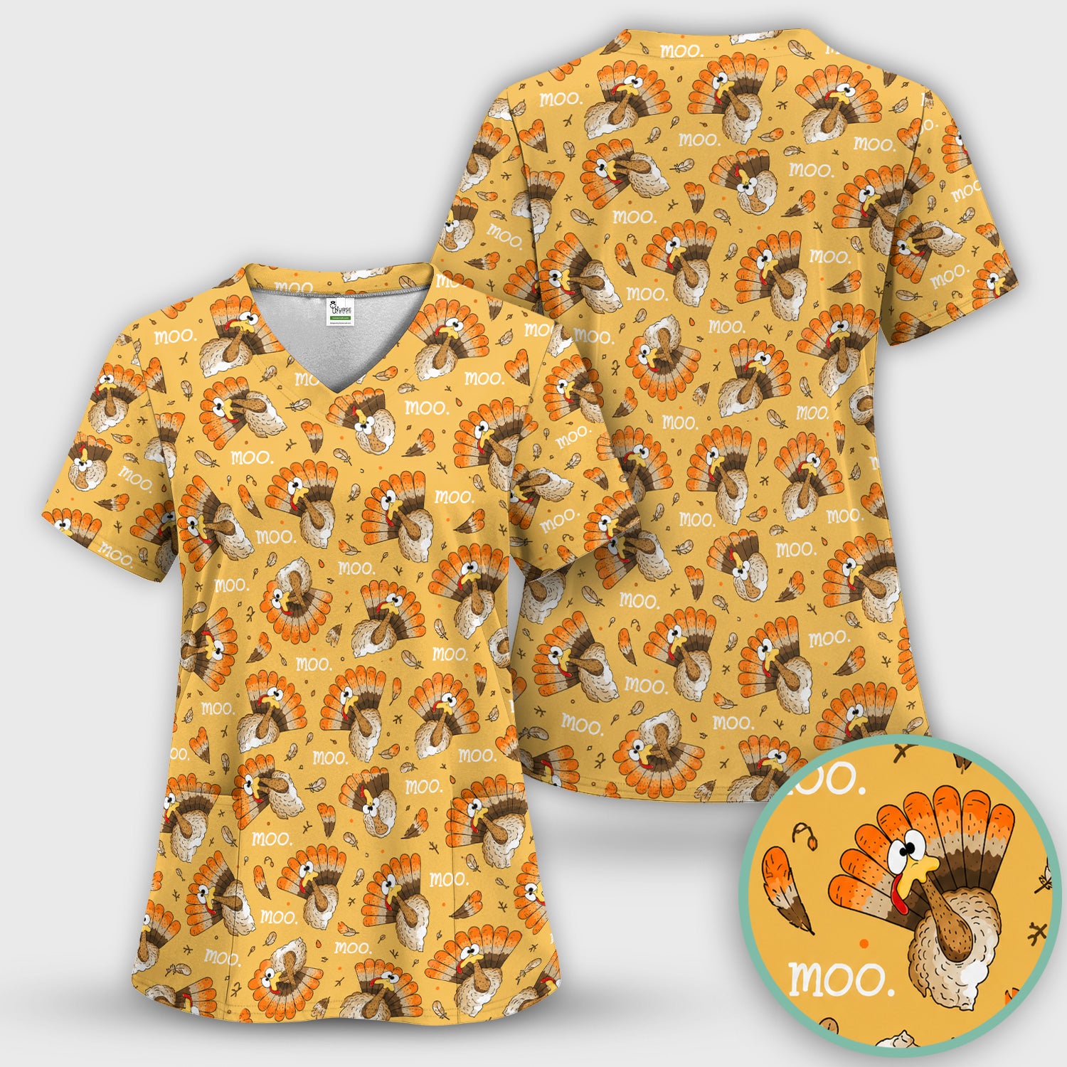 Funny Thanksgiving Moo Turkey Scrub Set, Scrub Pants and V Neck Top