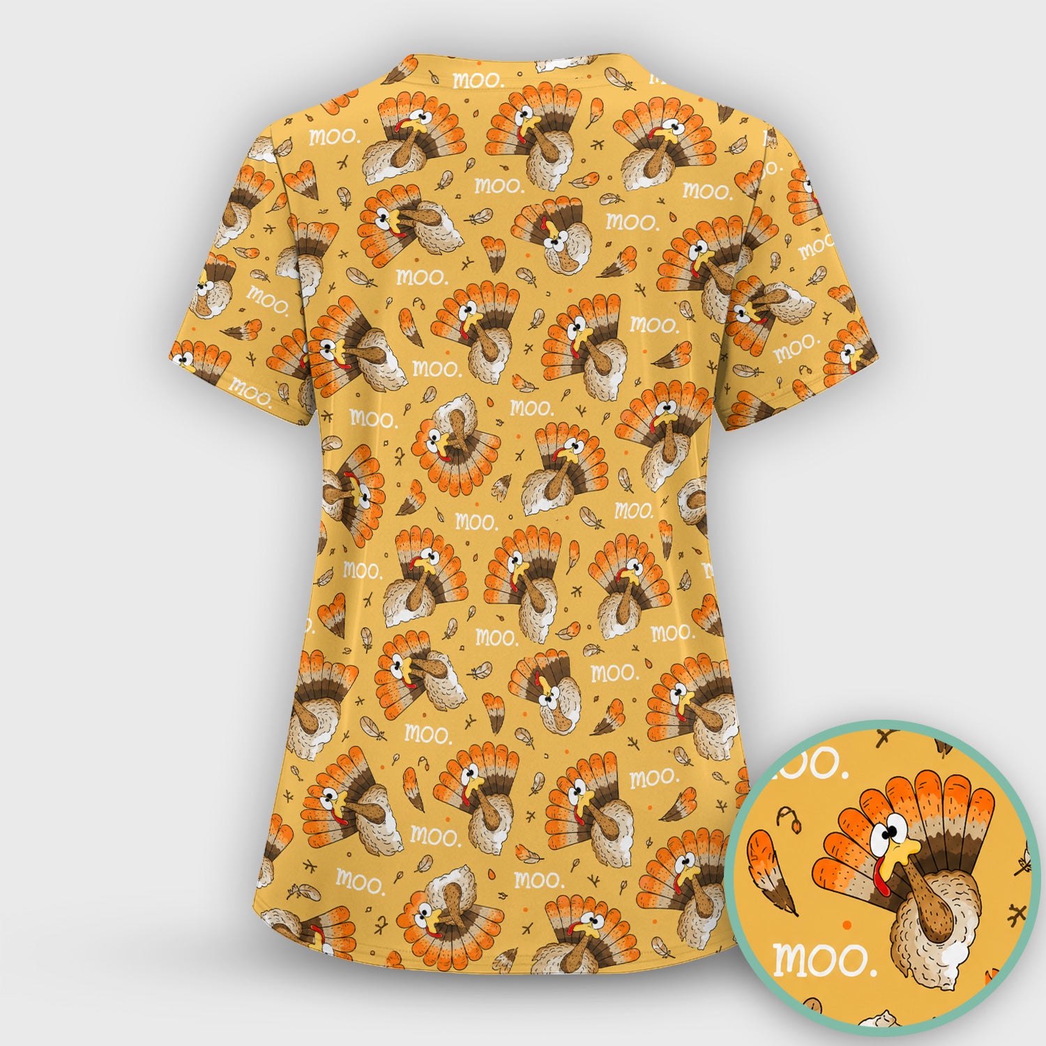 Funny Thanksgiving Moo Turkey Scrub Set, Scrub Pants and V Neck Top
