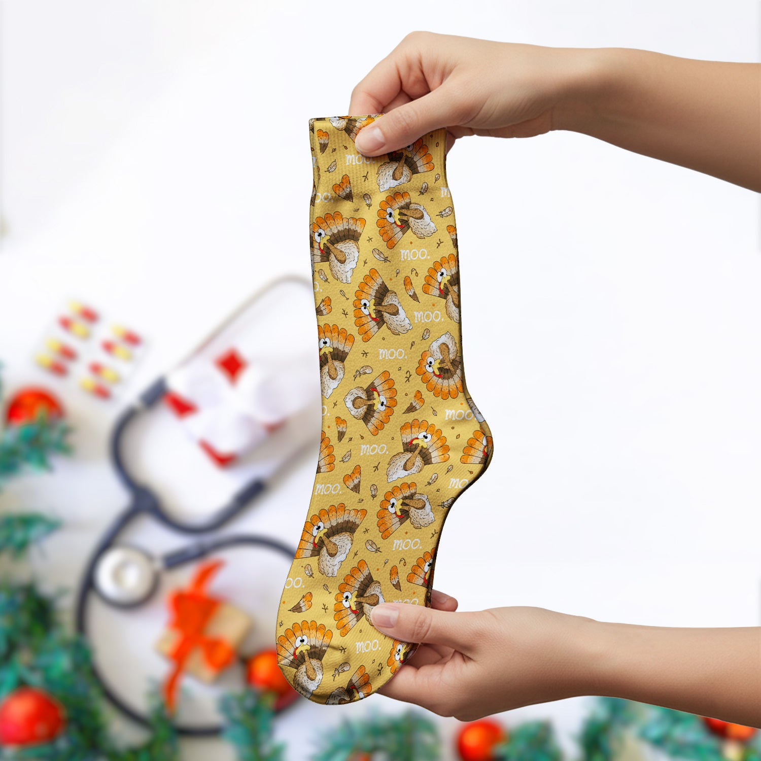 Funny Thanksgiving Moo Turkey Socks, Adult Socks for Men and Women