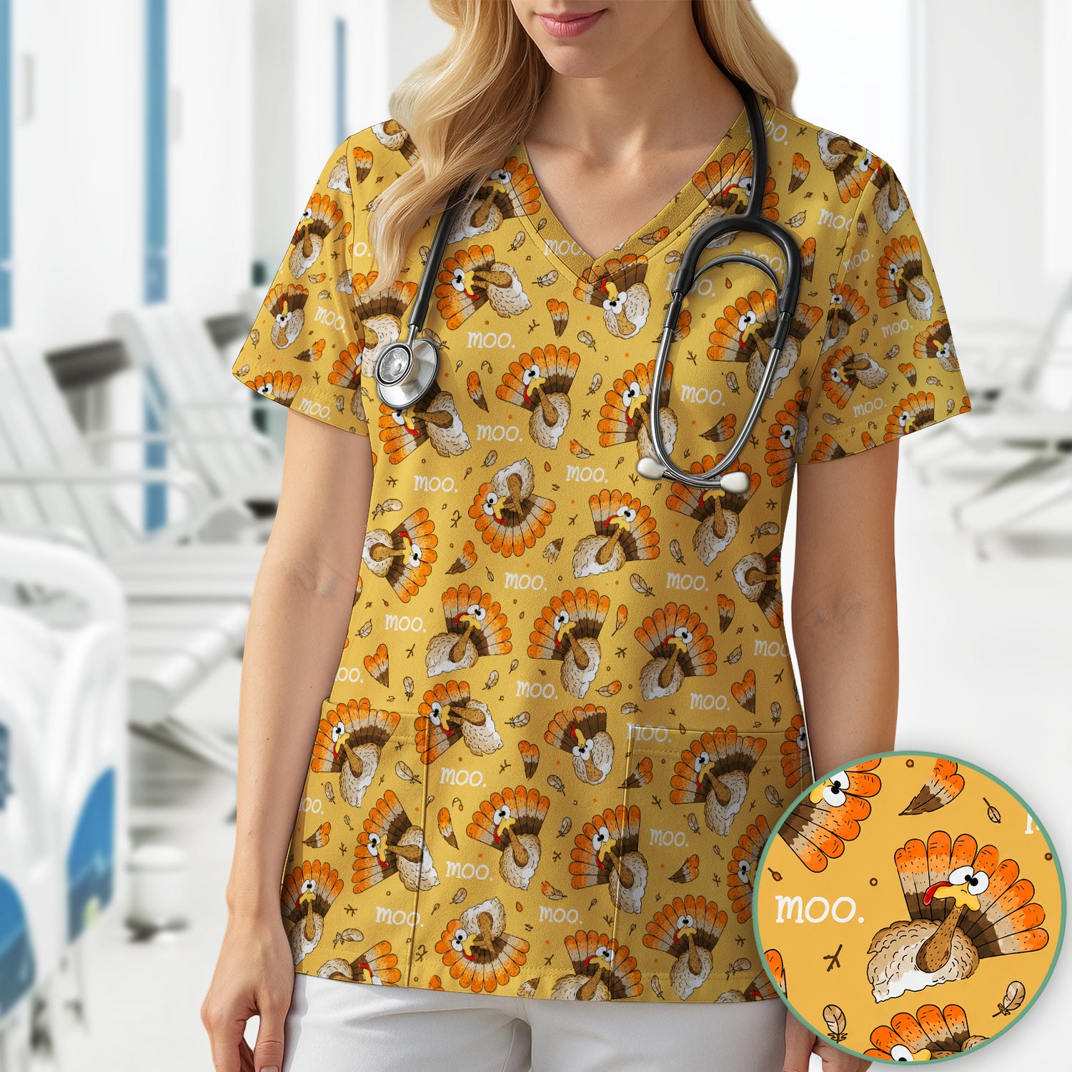 Funny Thanksgiving Moo Turkey Scrub Top, Comfortable Scrubs for Nurses