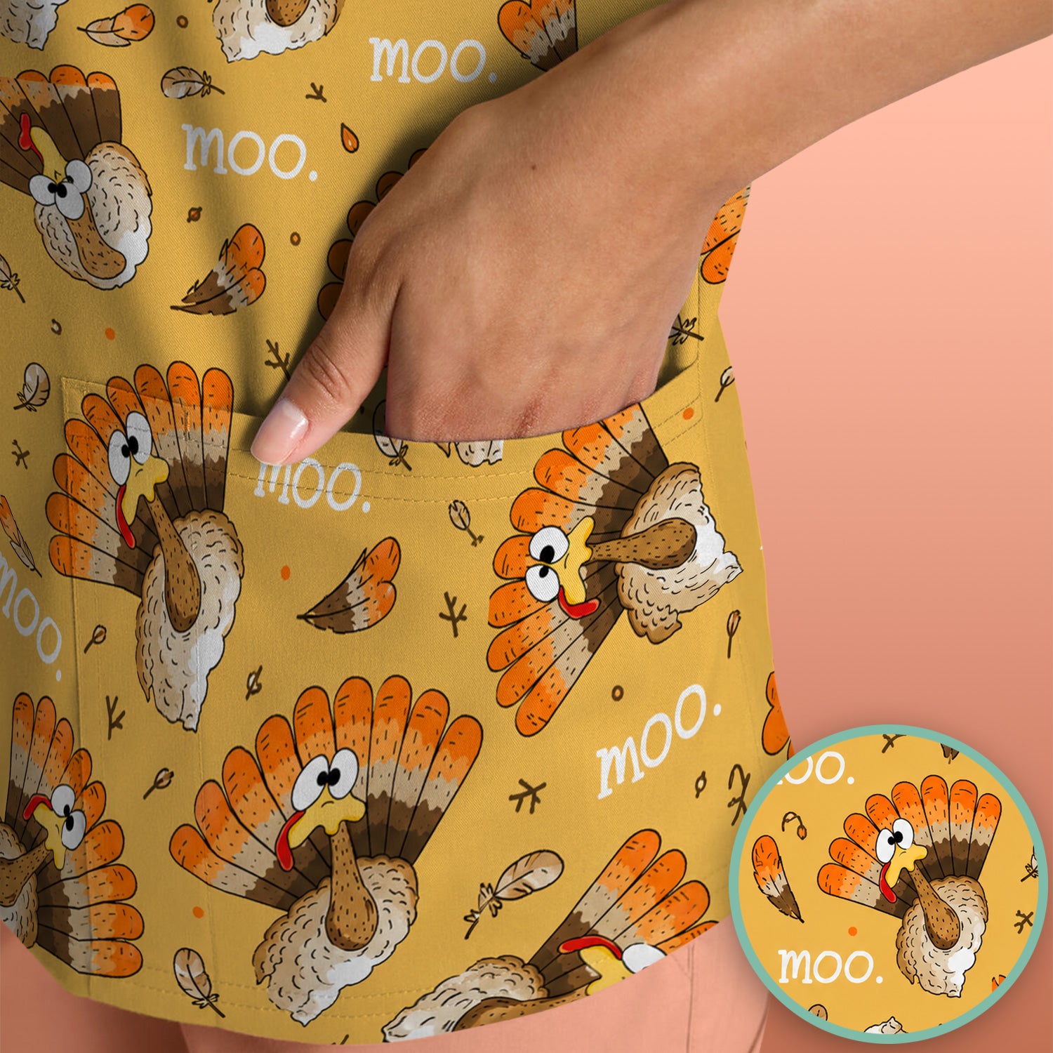 Funny Thanksgiving Moo Turkey Scrub Top, Comfortable Scrubs for Nurses