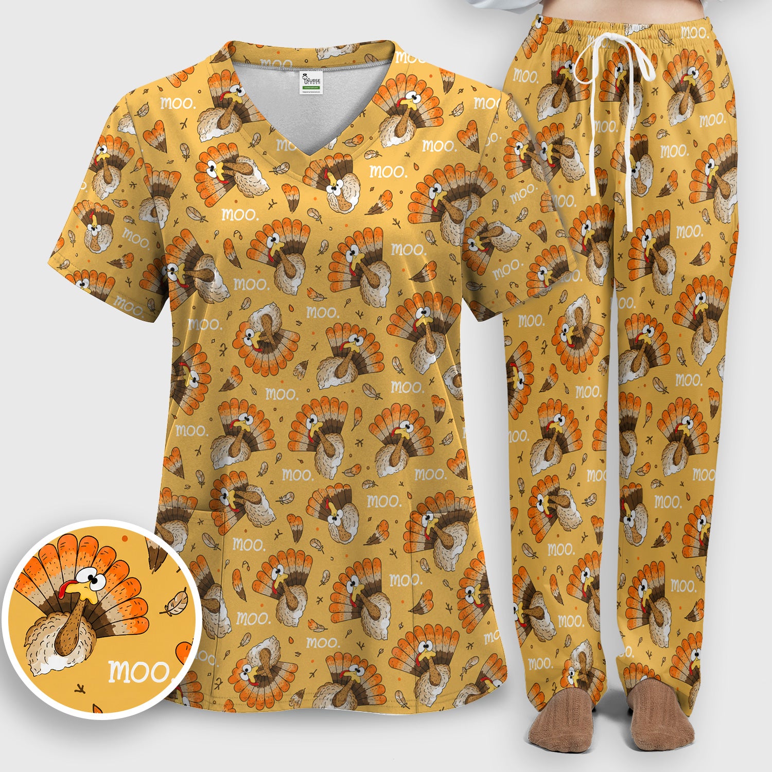 Funny Thanksgiving Moo Turkey Scrub Set, Scrub Pants and V Neck Top