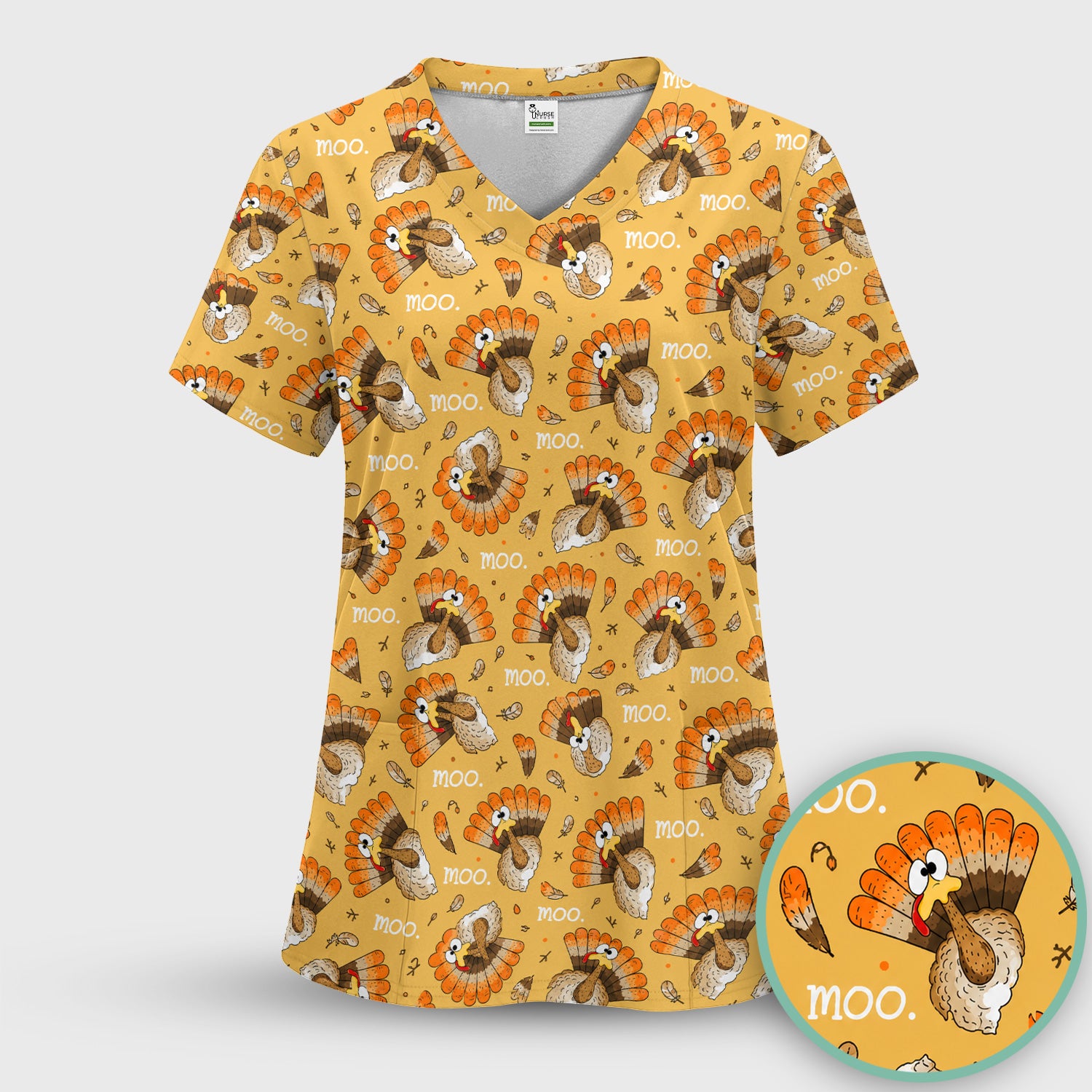 Funny Thanksgiving Moo Turkey Scrub Set, Scrub Pants and V Neck Top