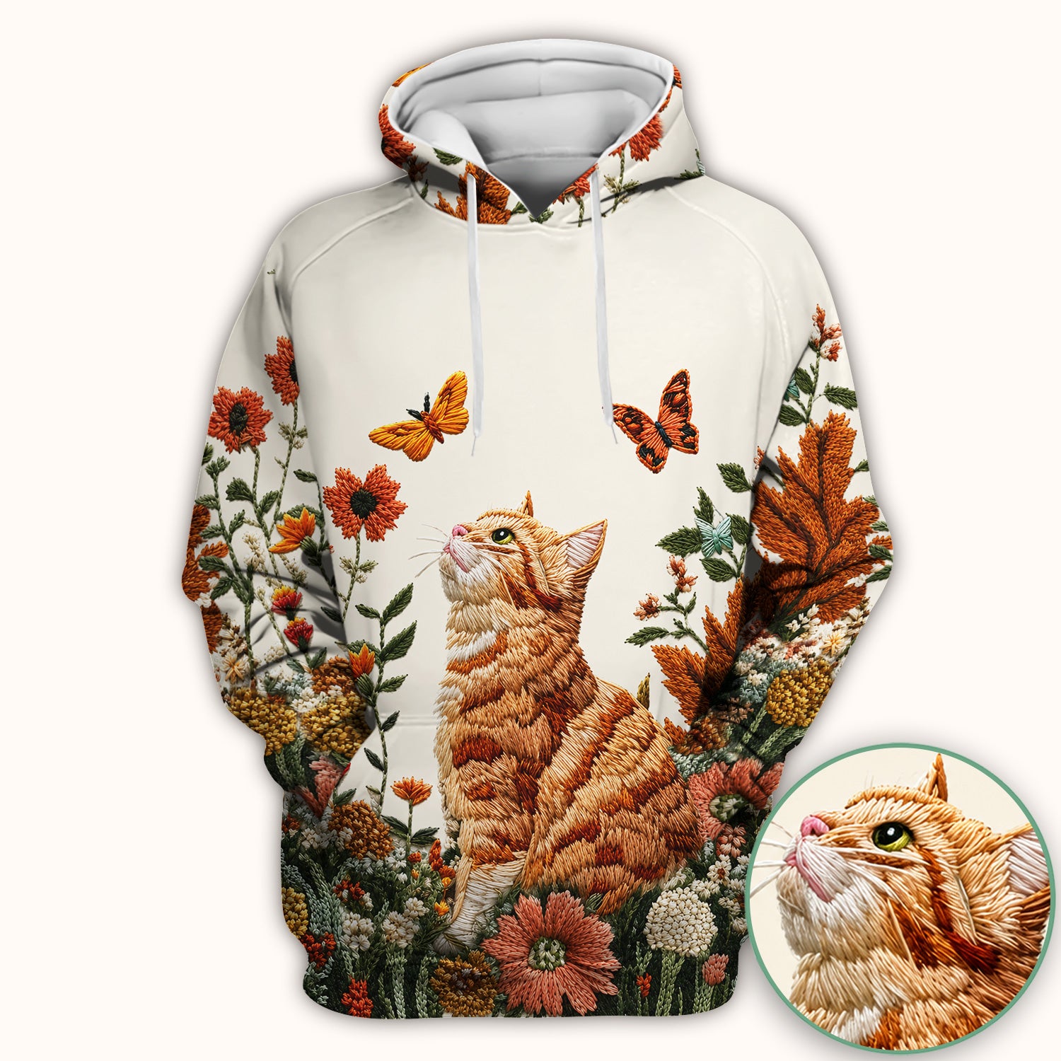 Embroidered Orange Cat Wildflower Pattern Scrub Top, Comfortable Scrubs for Nurses