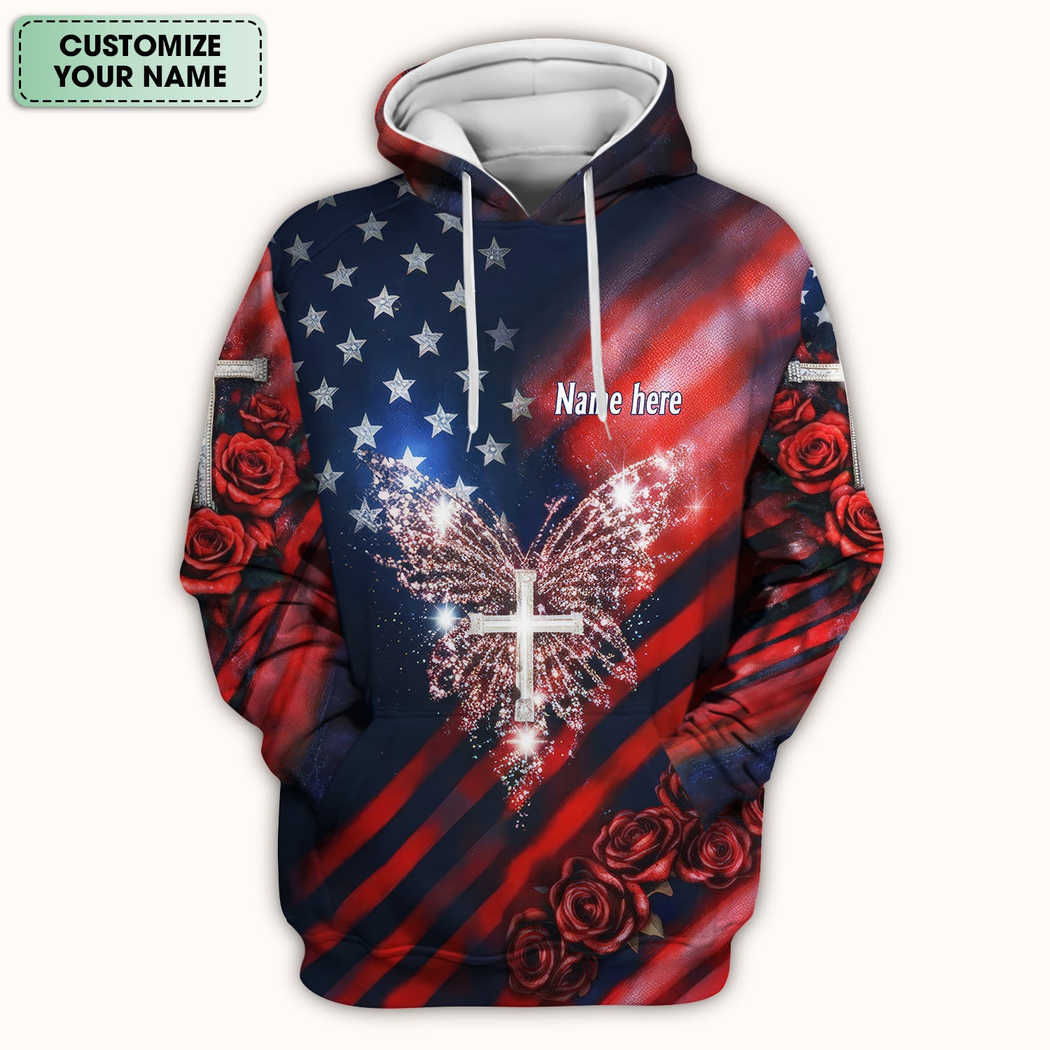 Custom Name Patriotic Cross Butterfly Rose Print Scrub Top, Comfortable Scrubs for Nurses