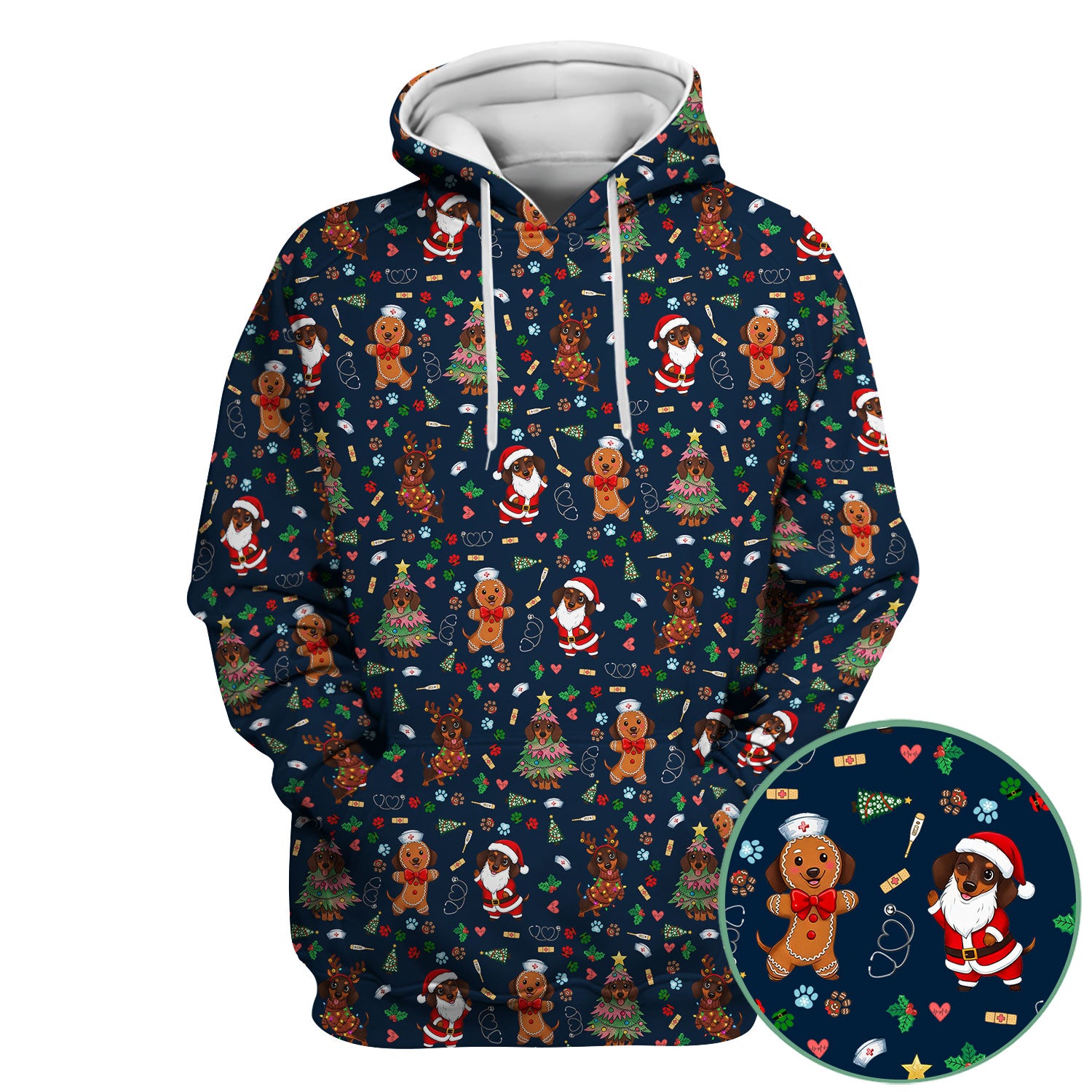 Wiener Dog Christmas Scrub Top – Funny Dachshund Pattern Medical Shirt – Festive Holiday Uniform for RN, LPN, CNA, and Vet Techs