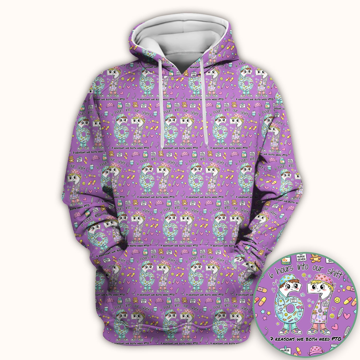 Cartoon Characters Six Hours Into Shift With Medical Doodle Scrub Top, Breathable Fabrics Nursing Uniform