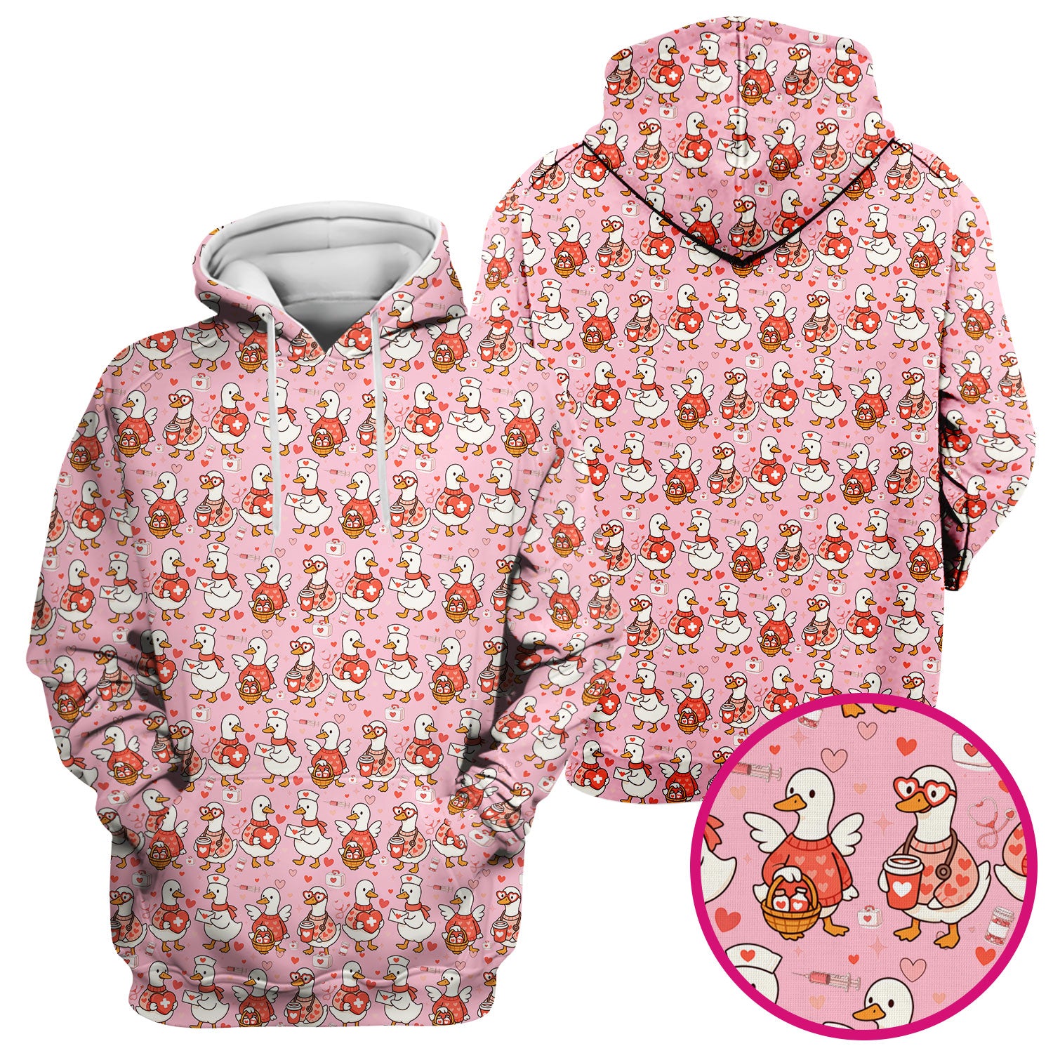 Valentine Goose Nurse Scrub Top, Heart Medical Pattern Nurse Shirt, Breathable Fabrics Nursing Uniform