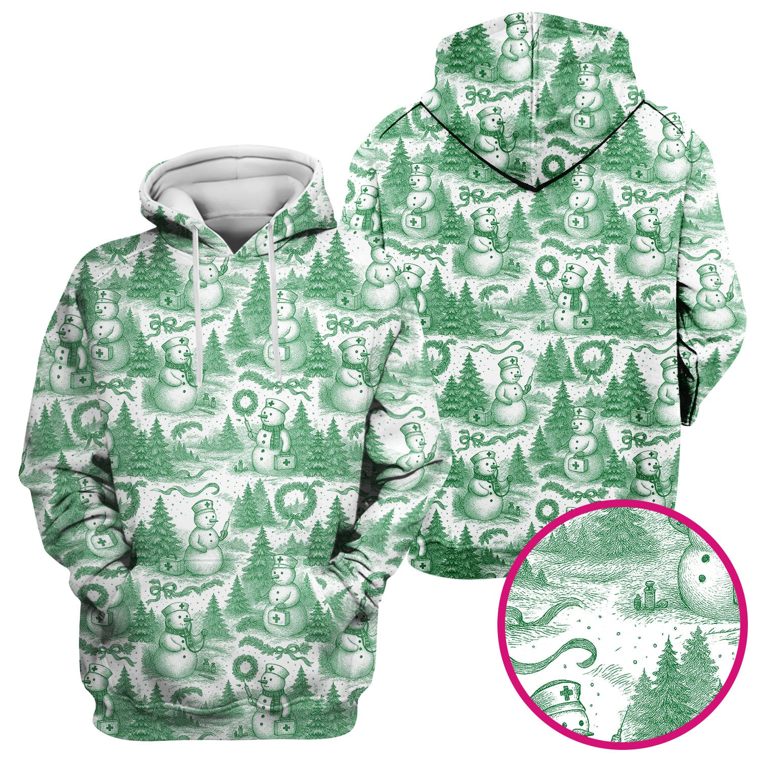 Christmas Scrub Top for Women – Toile de Jouy Snowman and Medical Pattern – Vintage Holiday Nurse Scrubs for Festive Season