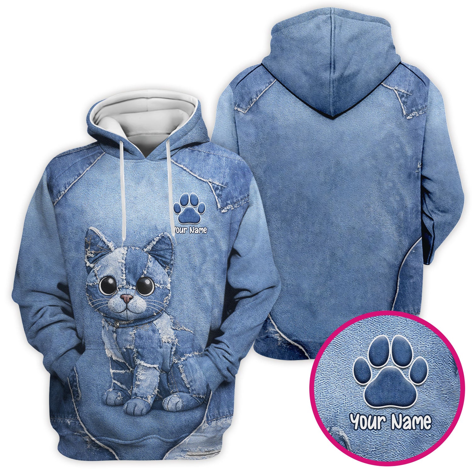 Personalized Patchwork Denim Cat Nurse Pattern Scrub Top, Breathable Fabrics Nursing Uniform