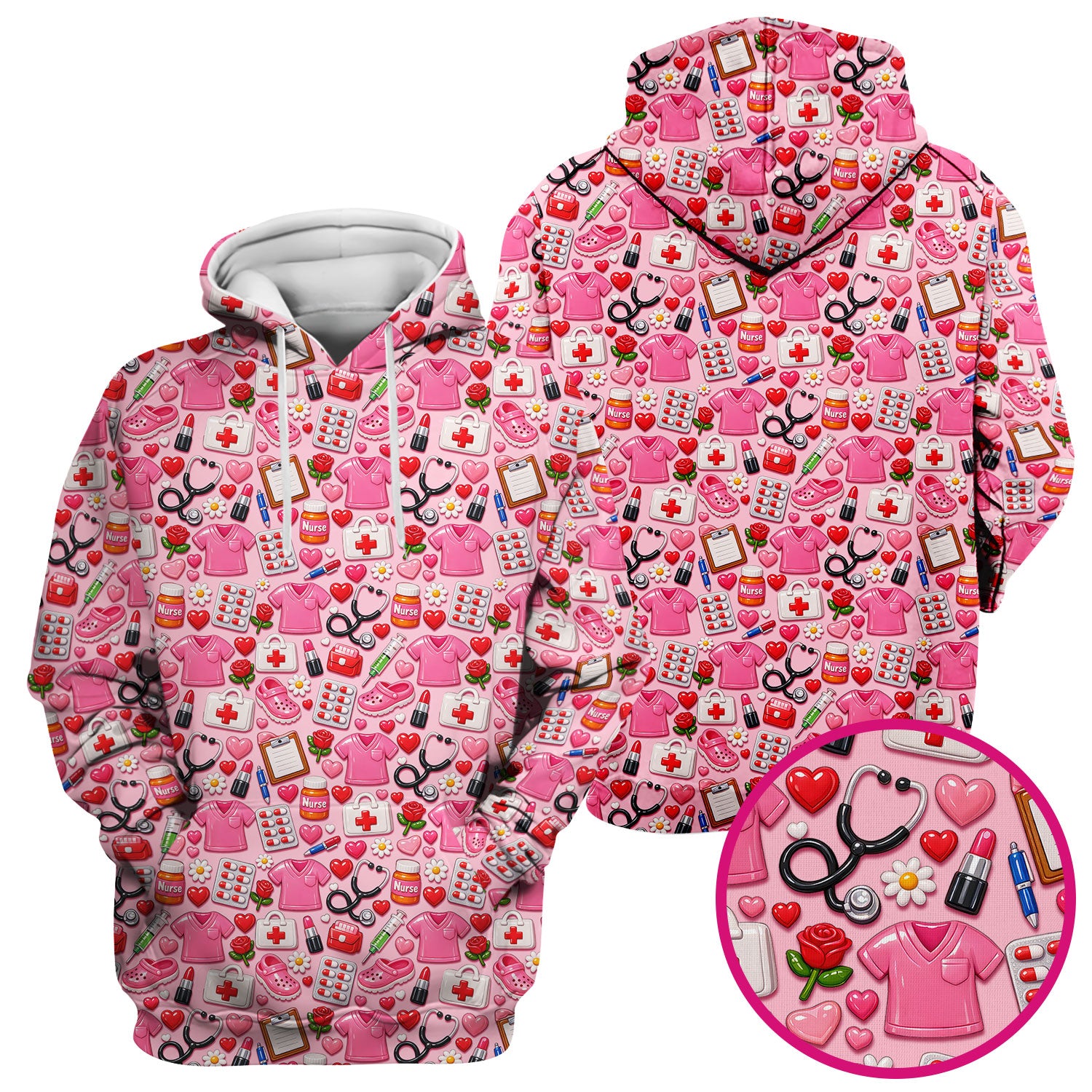 Medical Icons Scrub Top, Cute Pattern Nurse Shirt, Breathable Fabrics Nursing Uniform