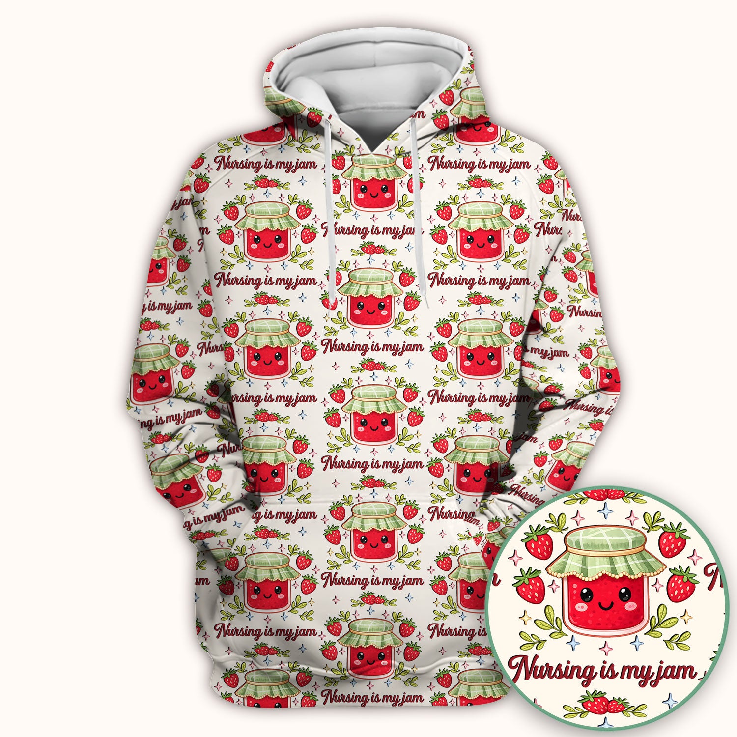 Cute Strawberry Jam Nurse Pattern Scrub Top, Breathable Fabrics Nursing Uniform