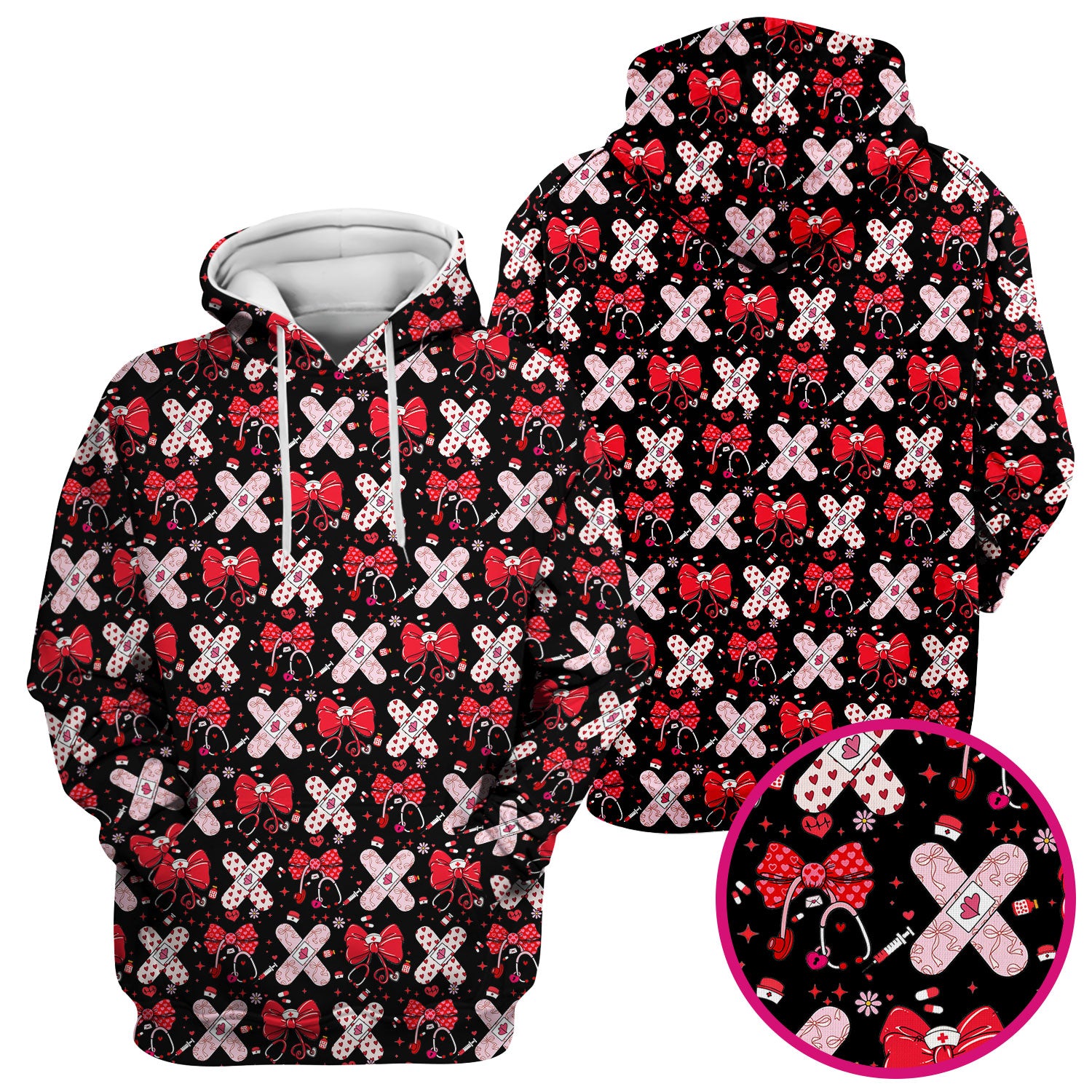Valentine Nurse Scrub Top, Red Bow And Heart Bandage Pattern Medical Shirt, Breathable Fabrics Nursing Uniform