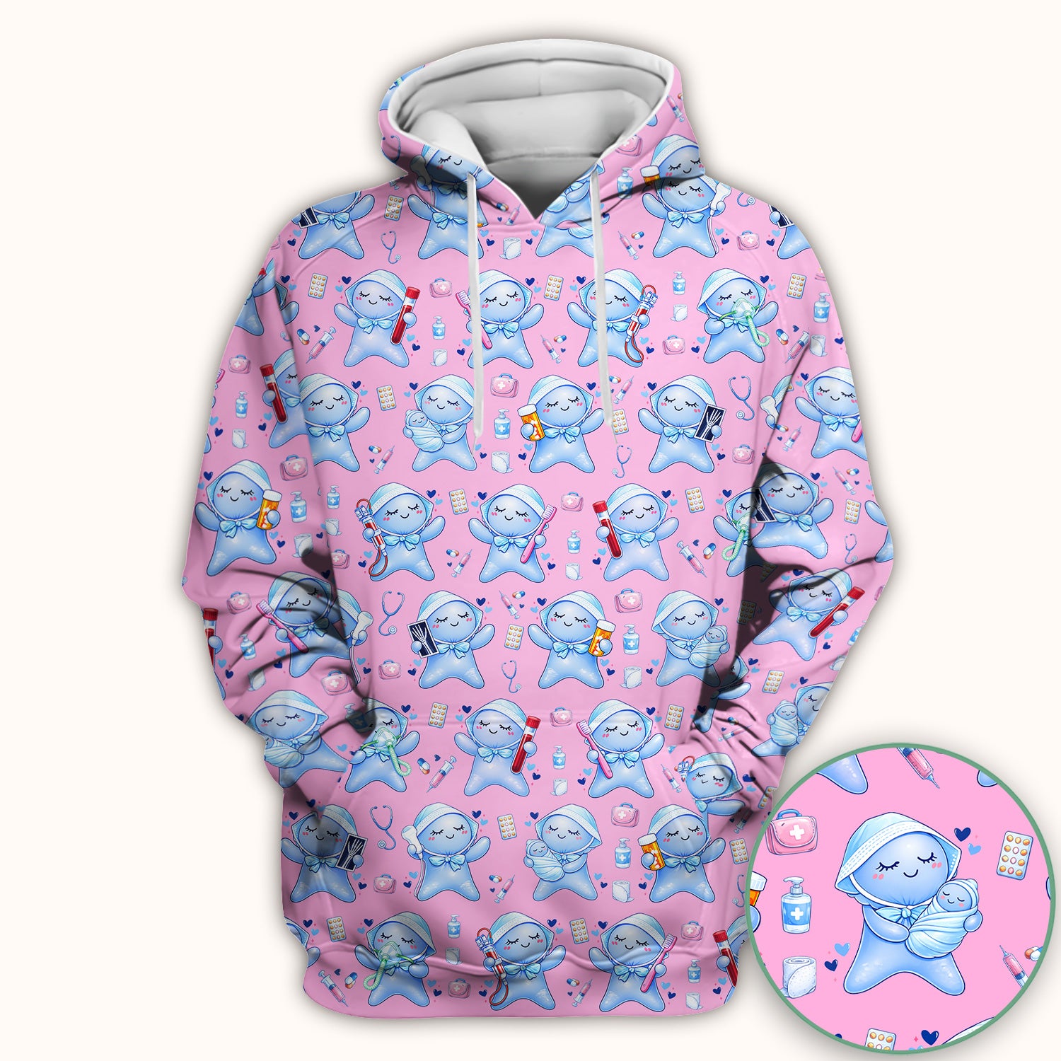 Cute Tooth Character Dental Tools Caring Pattern Scrub Top, Breathable Fabrics Nursing Uniform