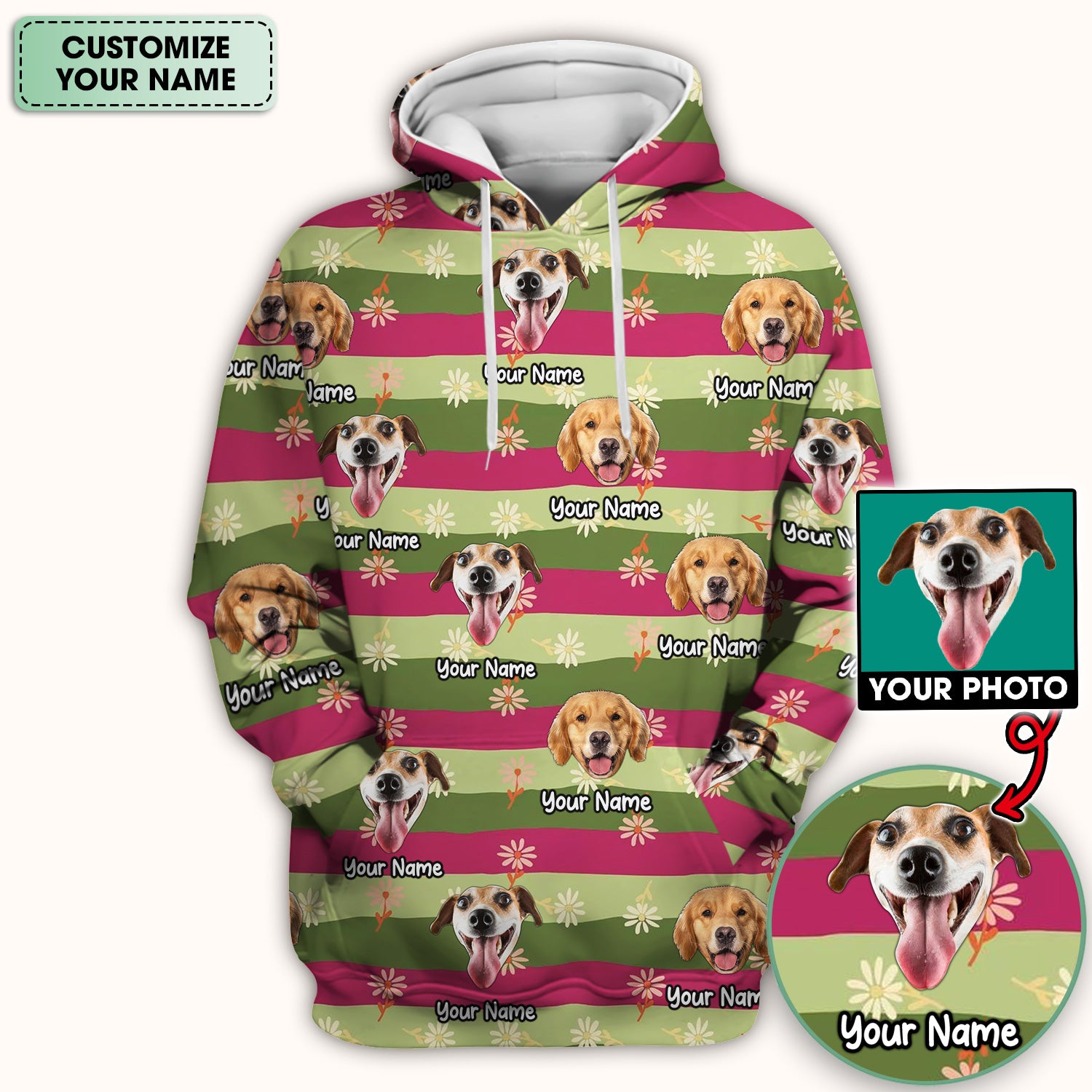 Personalized Floral Dog Portrait With Spring Stripes Pattern Scrub Top, Comfortable Scrubs for Nurses