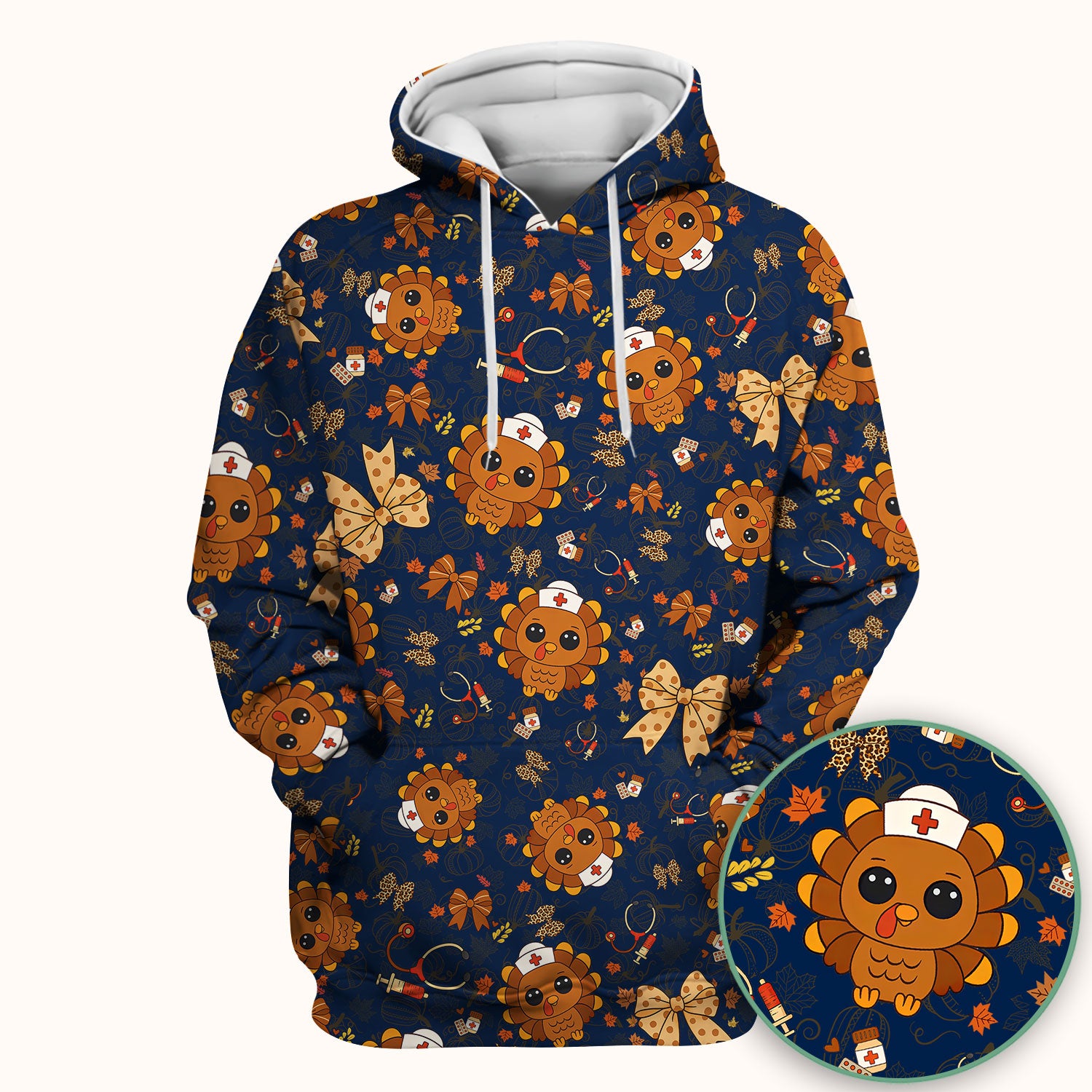 Thanksgiving Turkey Nurse Scrub Top for Women - Cute Fall Leaves and Bow Shirt - Autumn Medical Shirt Gift for RN CNA LPN Doctor