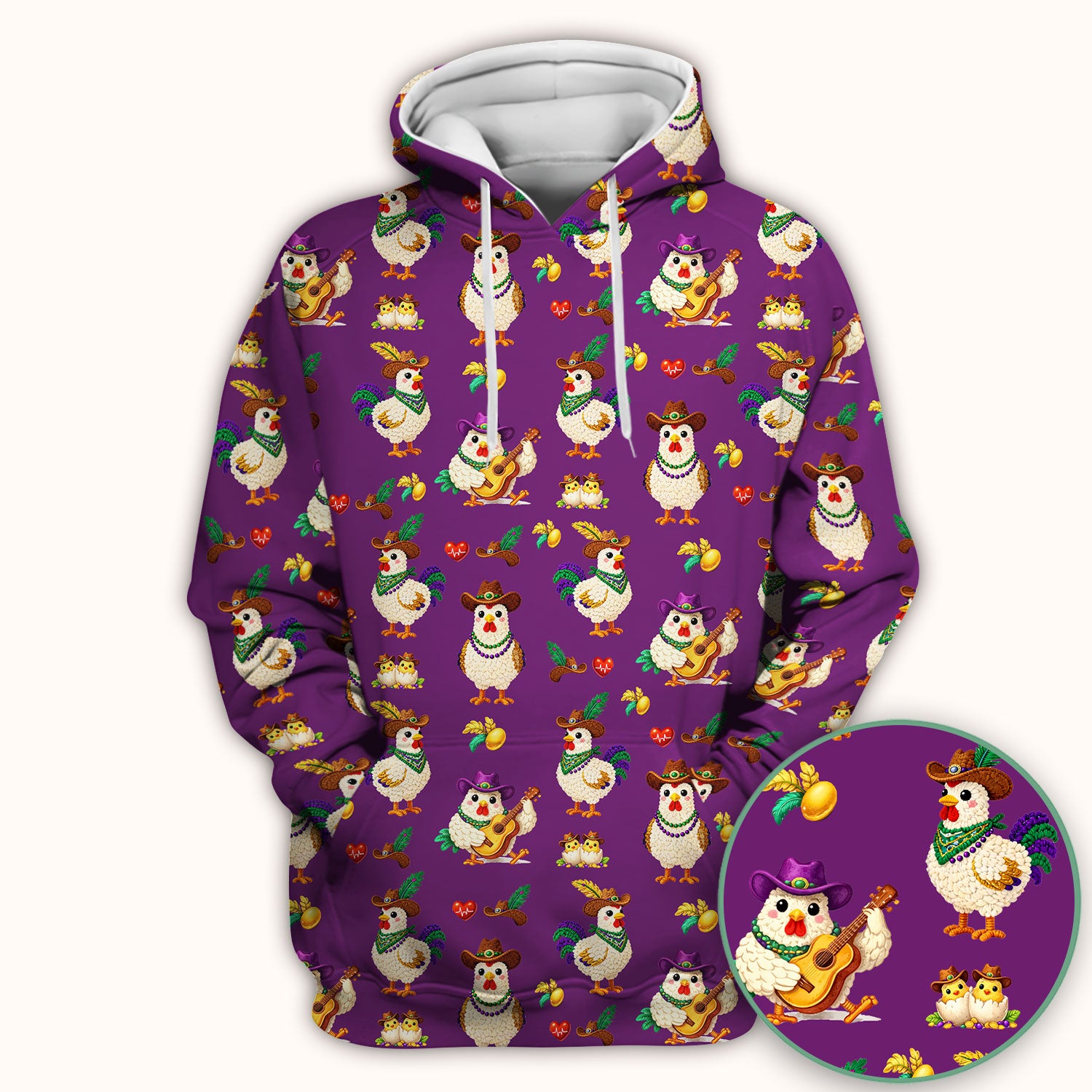Funny Mardi Gras Rooster Cowboy Print Scrub Top, Comfortable Scrubs for Nurses