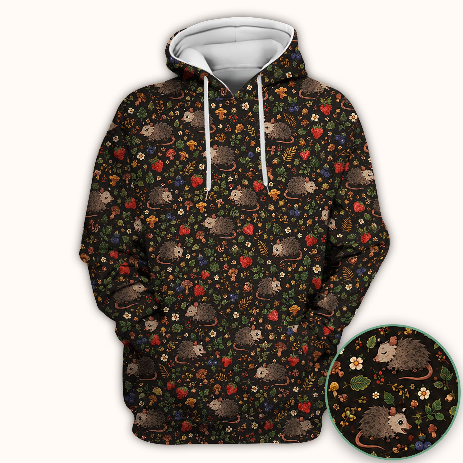 Woodland Opossum Berry Mushroom Pattern Scrub Top, Comfortable Scrubs for Nurses