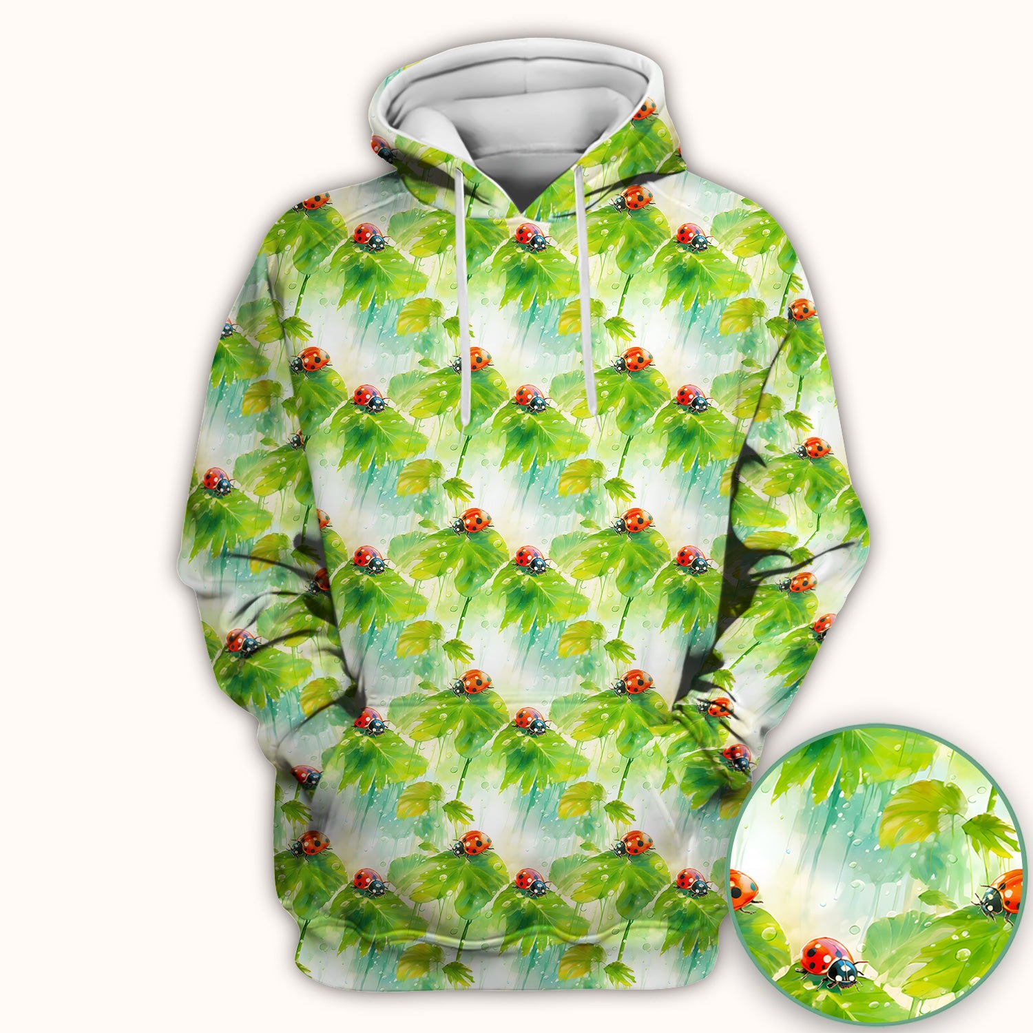 Ladybugs On Rainy Leaves Pattern Scrub Top, Comfortable Scrubs for Nurses