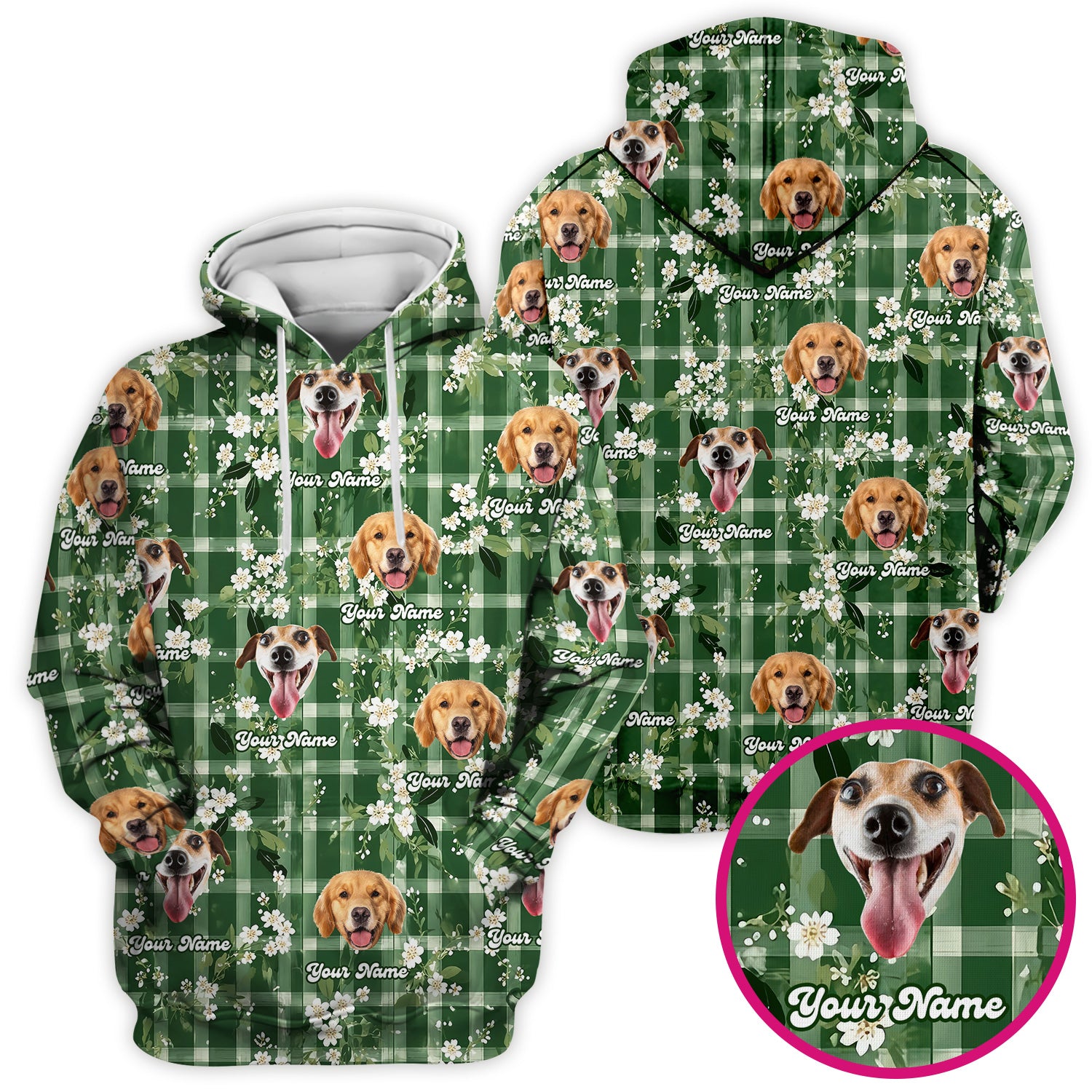 Custom Dog Face Scrub Top, Dog Green Plaid Floral Pattern Shirt, Comfortable Scrubs for Nurses