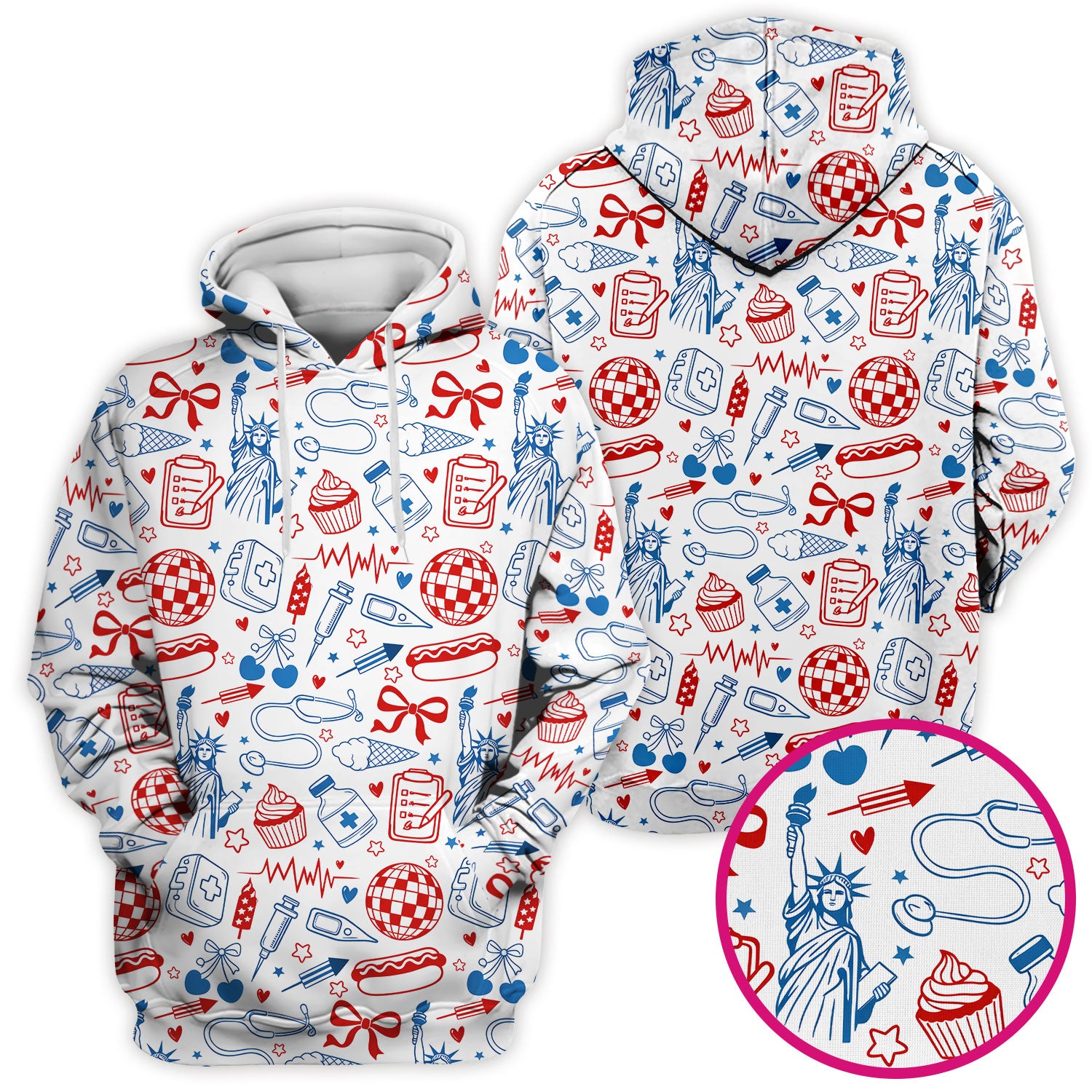 Patriotic Nurse Medical Icons Pattern Scrub Top, Breathable Fabrics Nursing Uniform