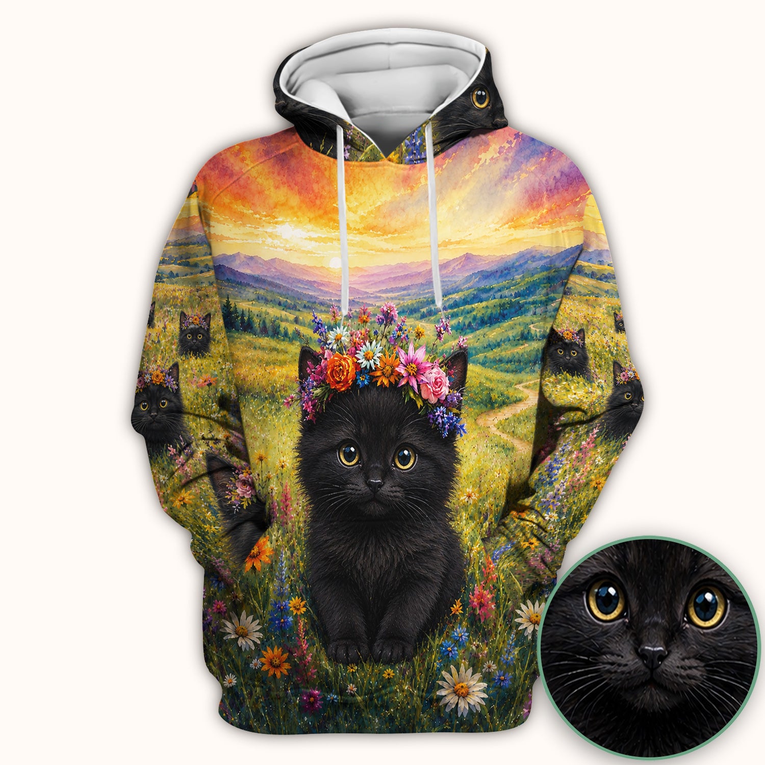 Black Kitten Flower Meadow Nurse Scrub Top for RN, CNA, Veterinary Staff, Cat Lover Uniform