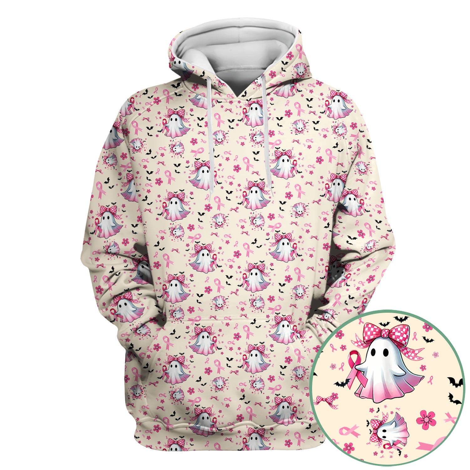 Breast Cancer Awareness Ghost Scrub Top for Women - Pink Ribbon Halloween Nurse Shirt - Cute Spooky Medical Uniform RN LPN CNA Gift