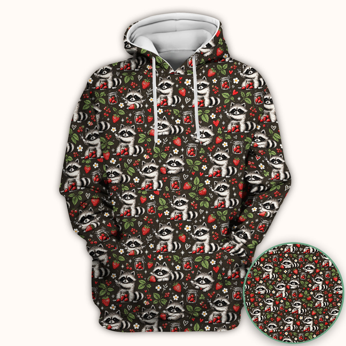 Cute Raccoons And Strawberries Pattern Scrub Top, Comfortable Scrubs for Nurses