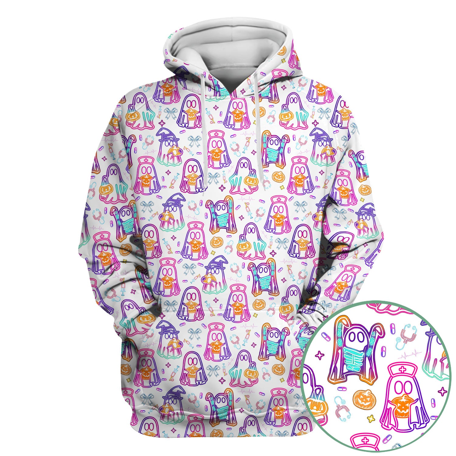 Halloween Nurse Scrub Top for Women - Cute Neon Ghost Medical Uniform - Funny Spooky Nursing Shirt RN CNA LPN Gift