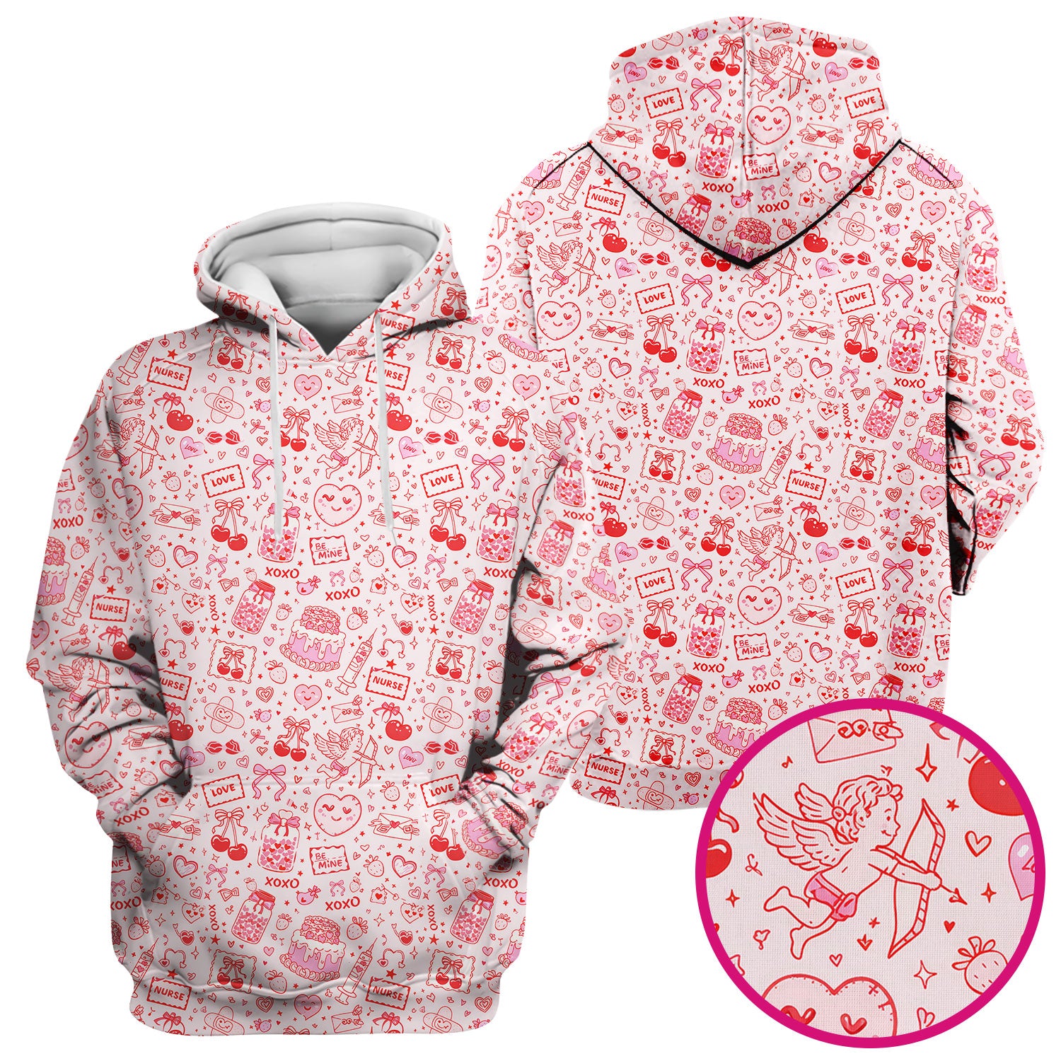 Valentine Pink XOXO Pattern Nurse Scrub Top, Comfortable Uniform Scrubs For Nursing