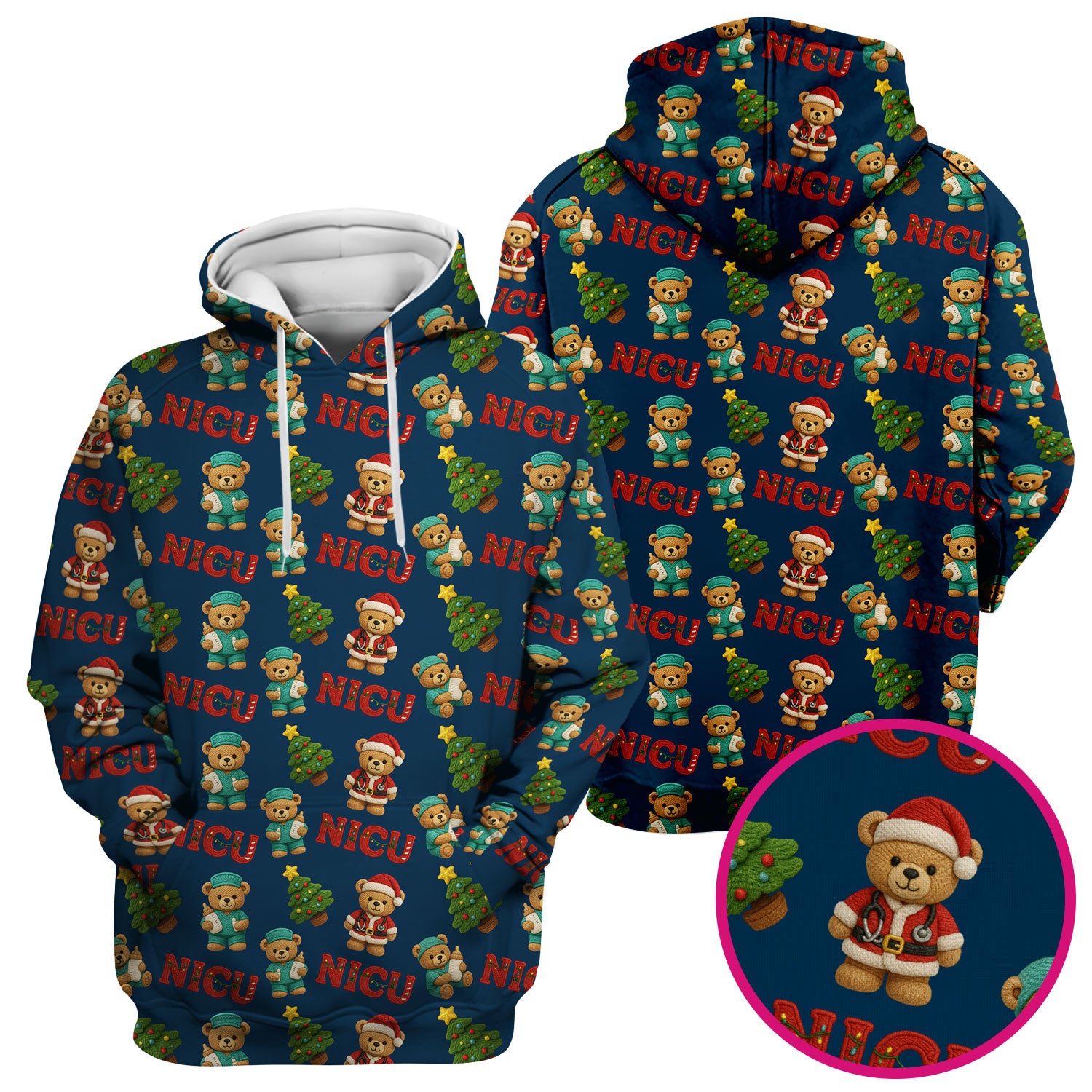 Festive Christmas NICU Nurse Teddy Bear Pattern, Breathable Fabrics Nursing Uniform