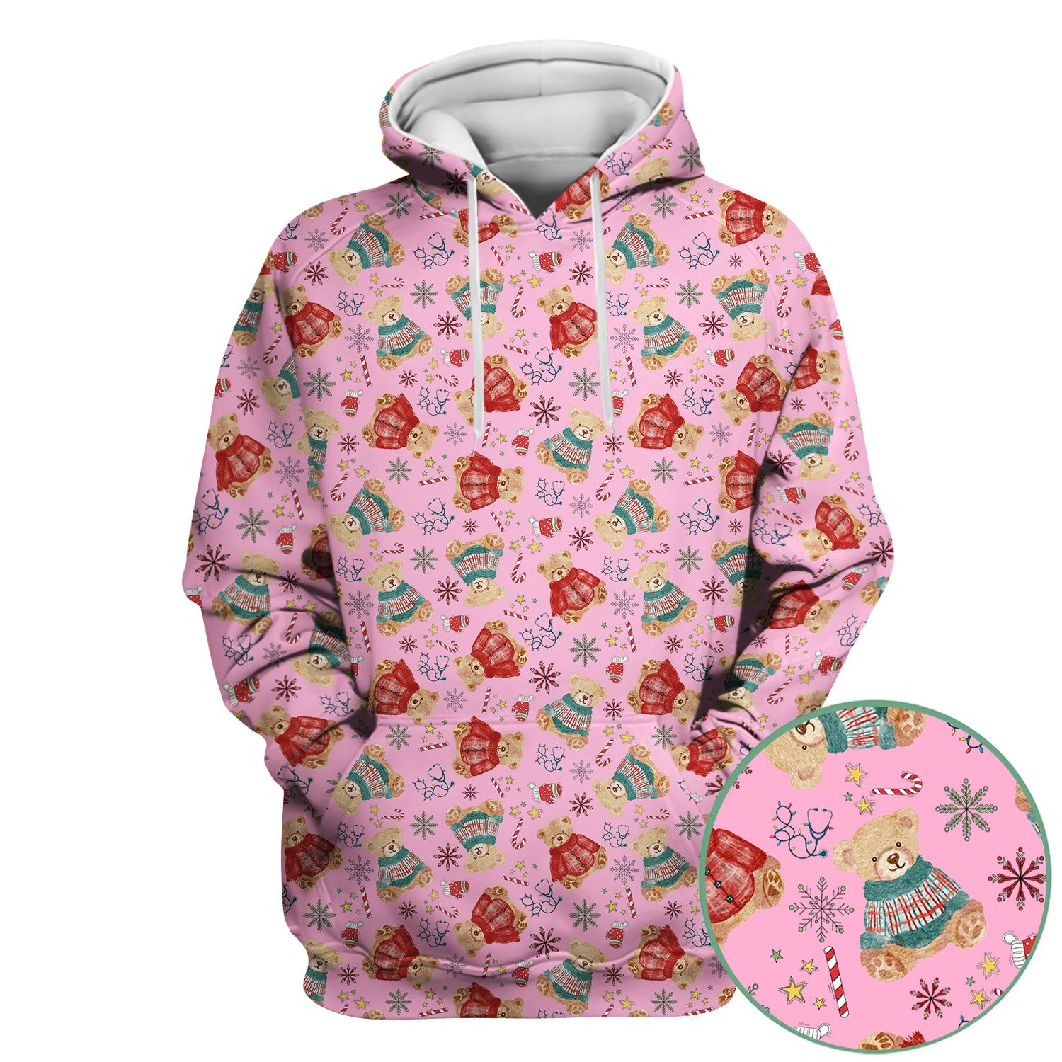 Christmas Bear Scrub Top - Cute Holiday Teddy Print Scrubs for Nurses - Funny Xmas Medical Scrub Shirt Gift for Women CNA RN