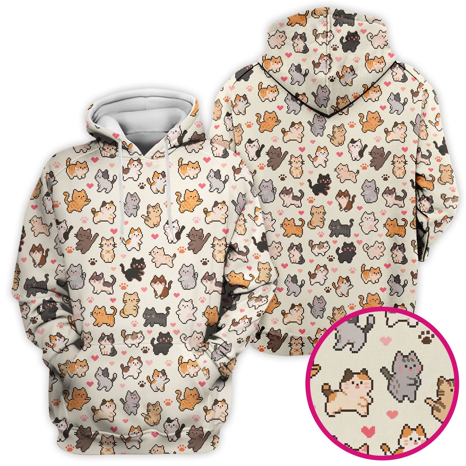 Cute Pixel Cat Heart Paw Pattern Scrub Top, Breathable Fabrics Nursing Uniform