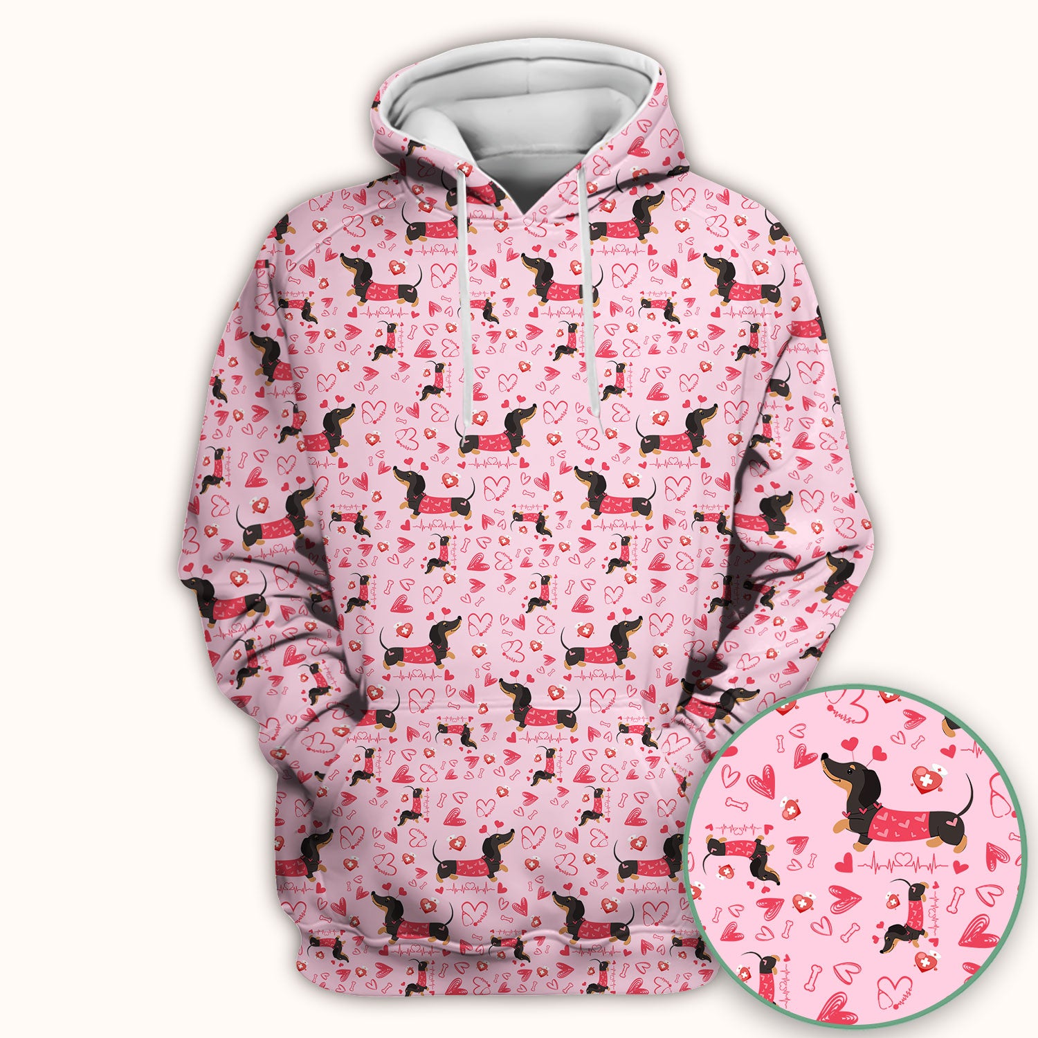 Dachshund Valentine Scrub Top, Cute Wiener Dog Heart Pattern Nurse Shirt, Breathable Fabrics Nursing Uniform