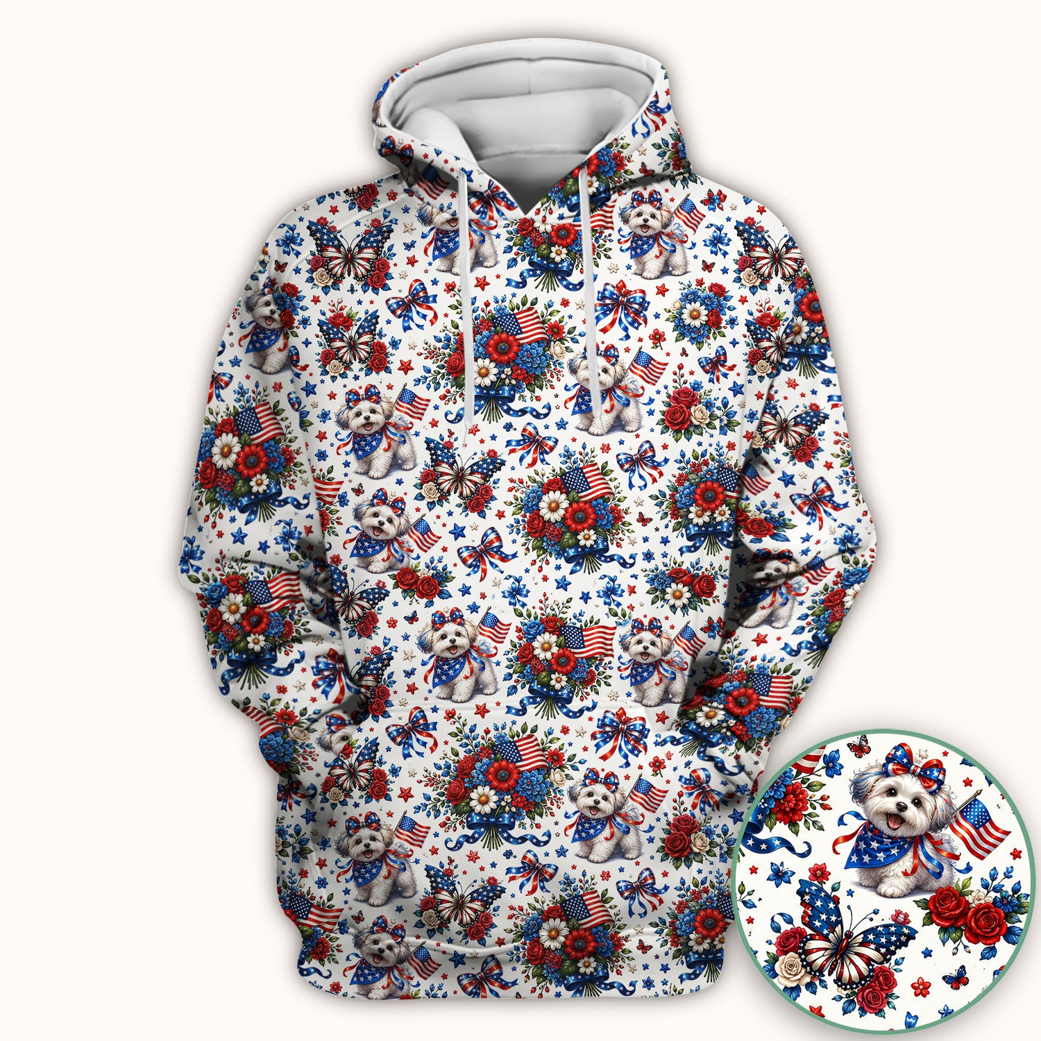 Patriotic Puppy Floral Bouquet Pattern Scrub Top, Comfortable Scrubs for Nurses